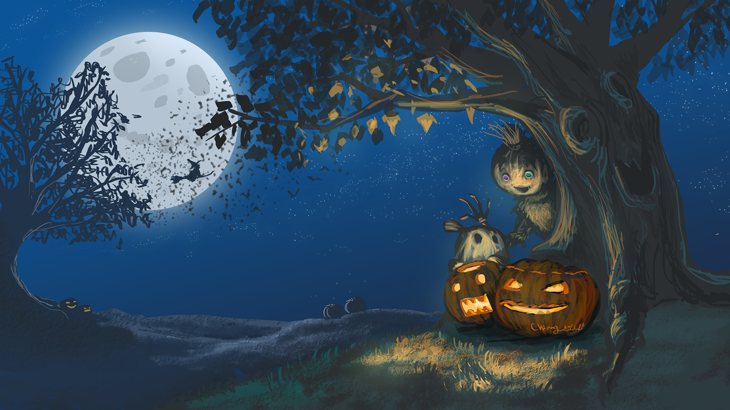 Image Fantasy Pumpkin Halloween Moon Night Trees 2560x1440