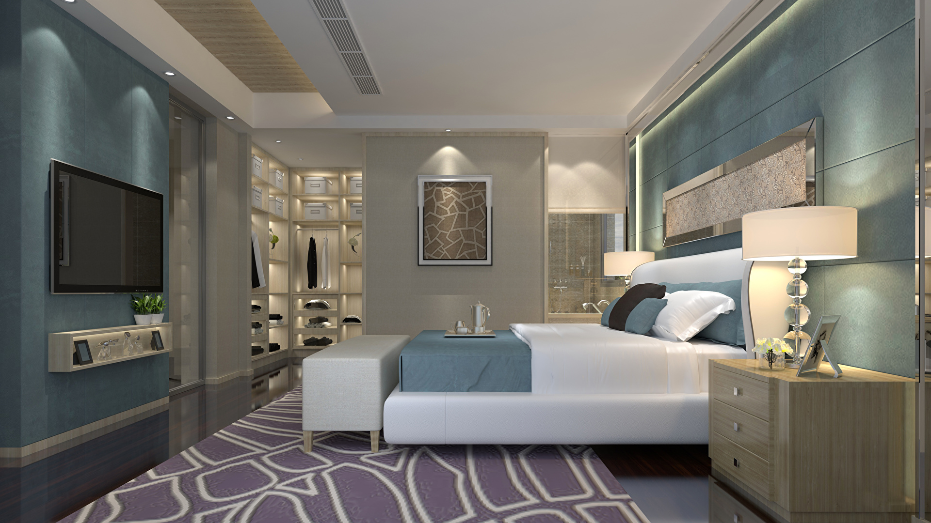 Photo Bedroom 3d Graphics Interior Bed Lamp Design 1920x1080