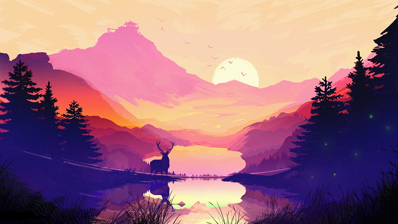 Desktop Wallpapers Deer Nature Spruce Mountains Lake 1366x768