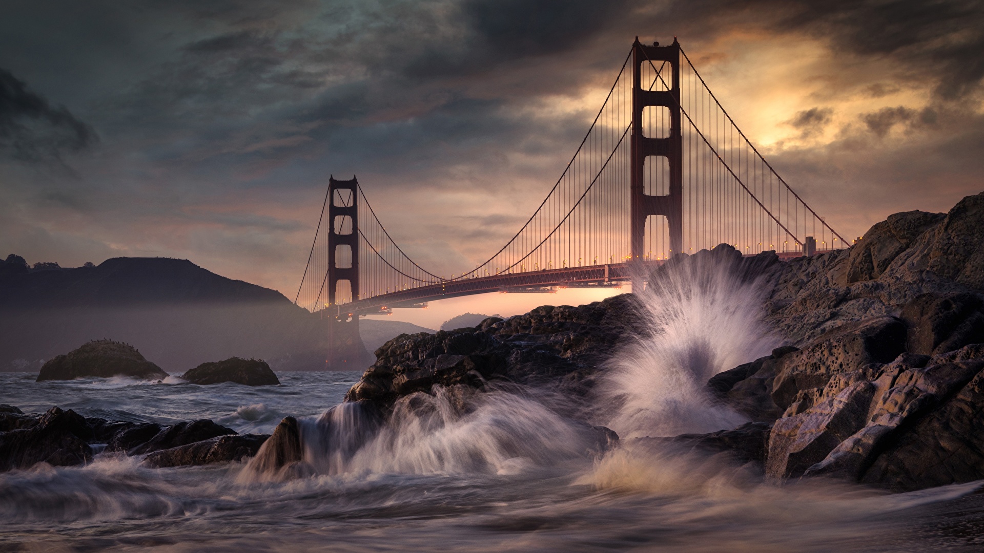 壁紙 19x1080 石 波 橋 アメリカ合衆国 Golden Gate Bridge 岩 サンフランシスコ カリフォルニア州 自然 ダウンロード 写真