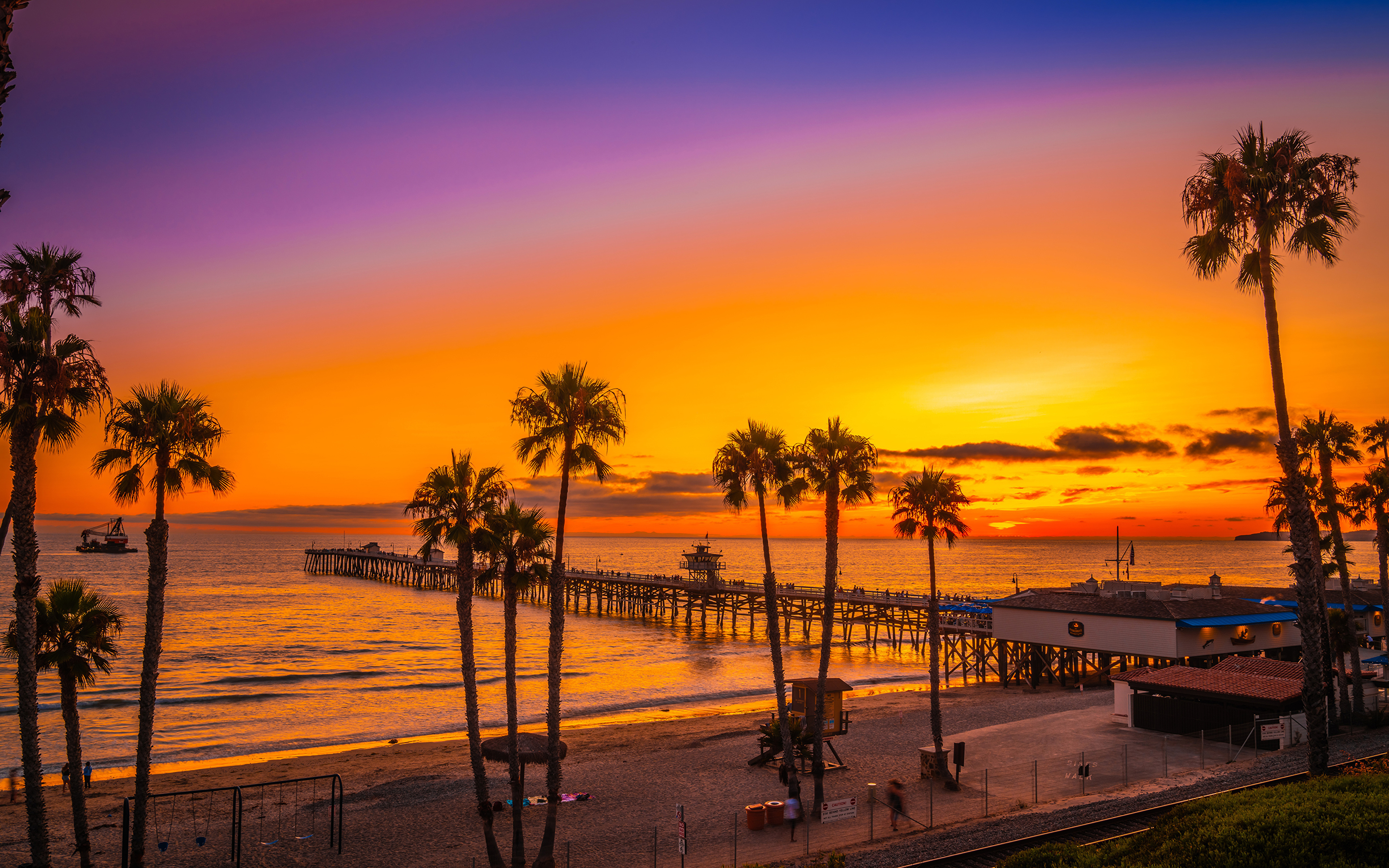 壁紙 3840x2400 アメリカ合衆国 海岸 朝焼けと日没 桟橋 San Clemente Beach カリフォルニア州 ヤシ ビーチ 自然 ダウンロード 写真