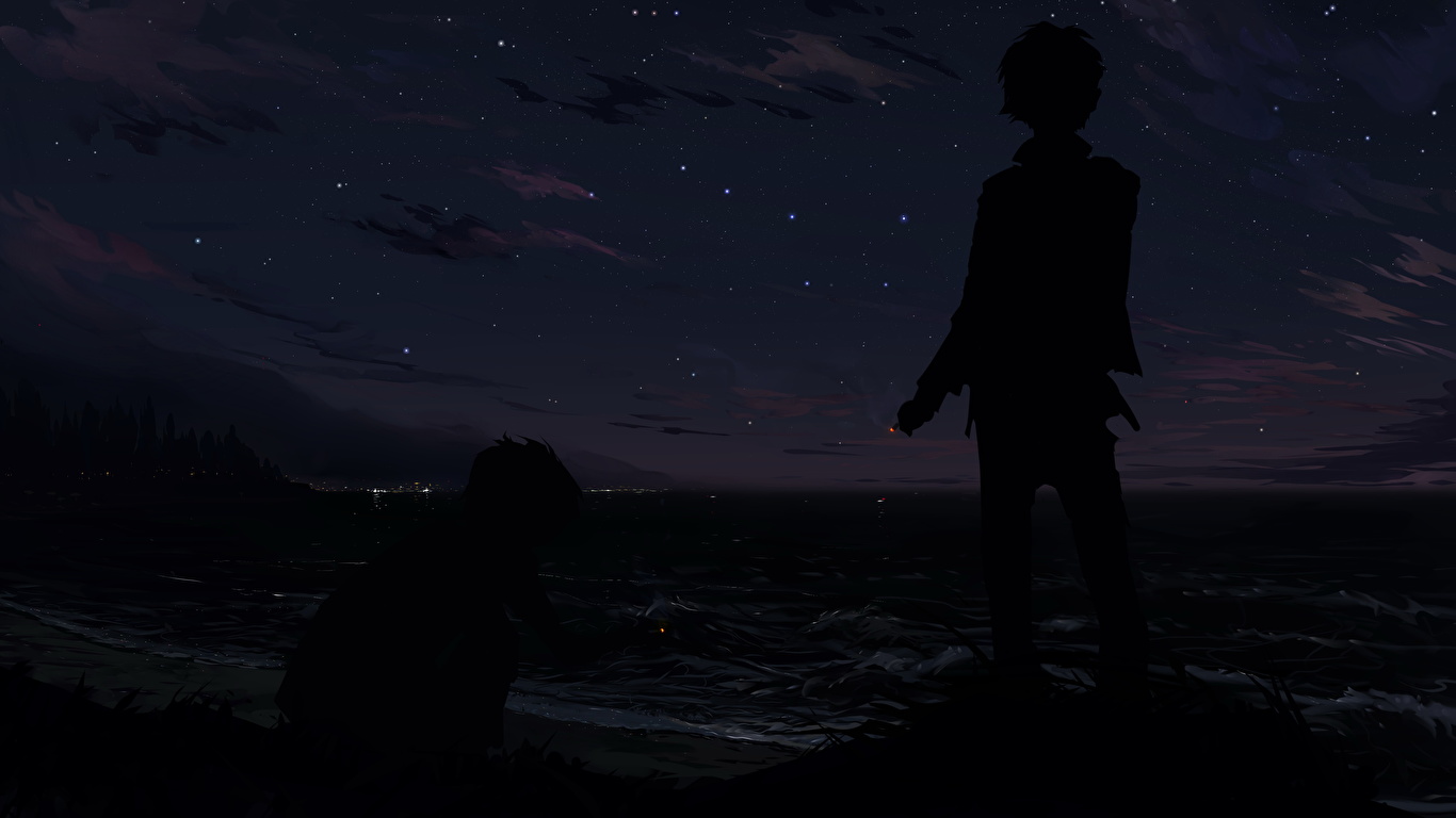 Pictures Boys Silhouette Anime Night 1366x768