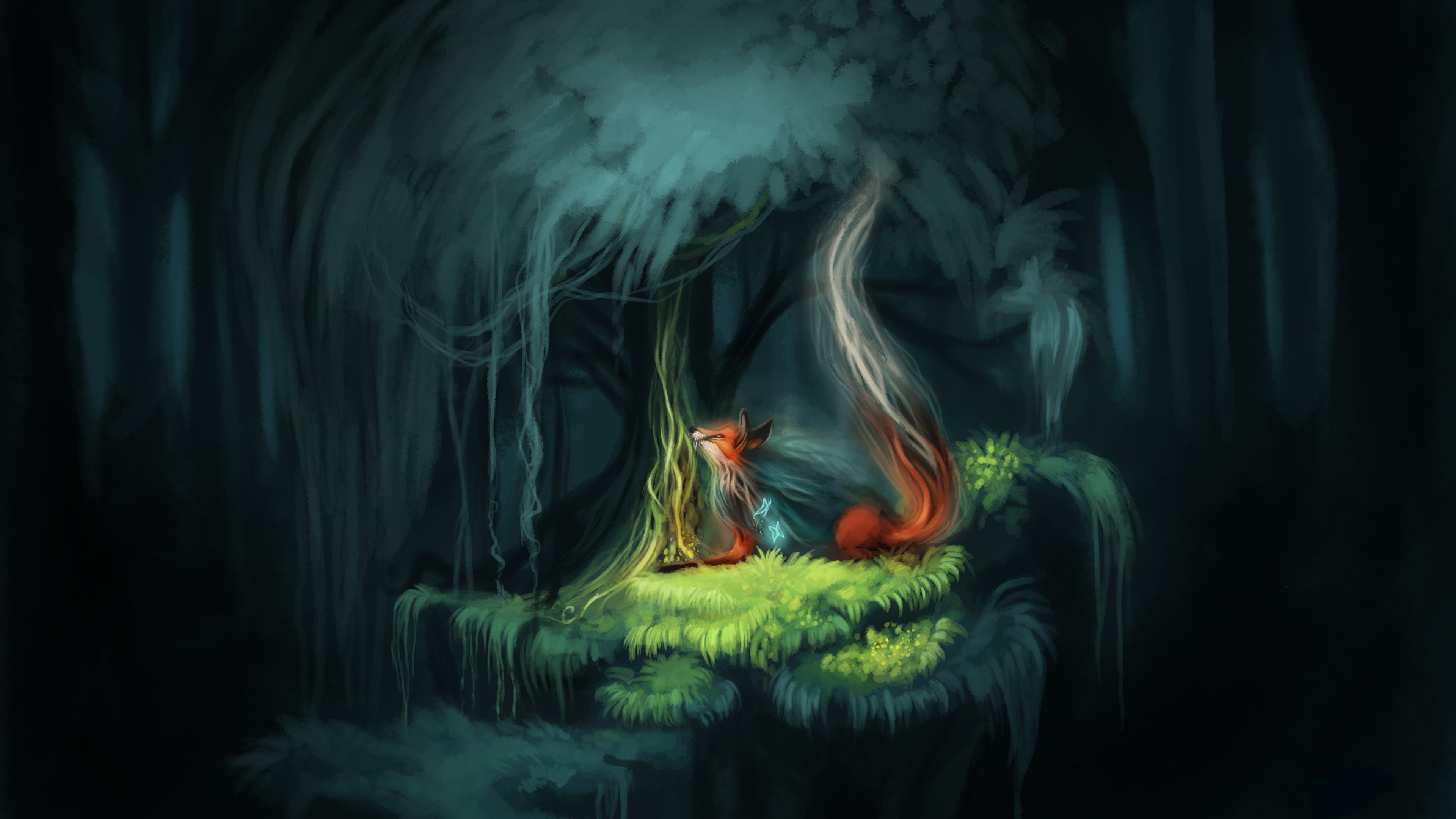 Images Foxes Sorcery Garden Of Eden Fantasy Forest Night 3840x2160