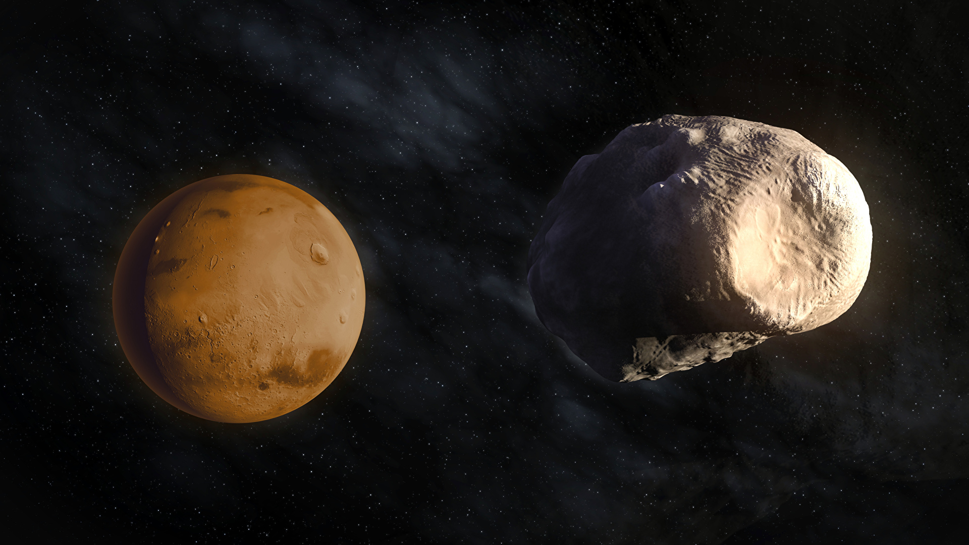 Afbeeldingen Mars Planeten Phobos Ruimte 3D graphics 1920x1080 planeet 3D afbeelding 3D afbeeldingen
