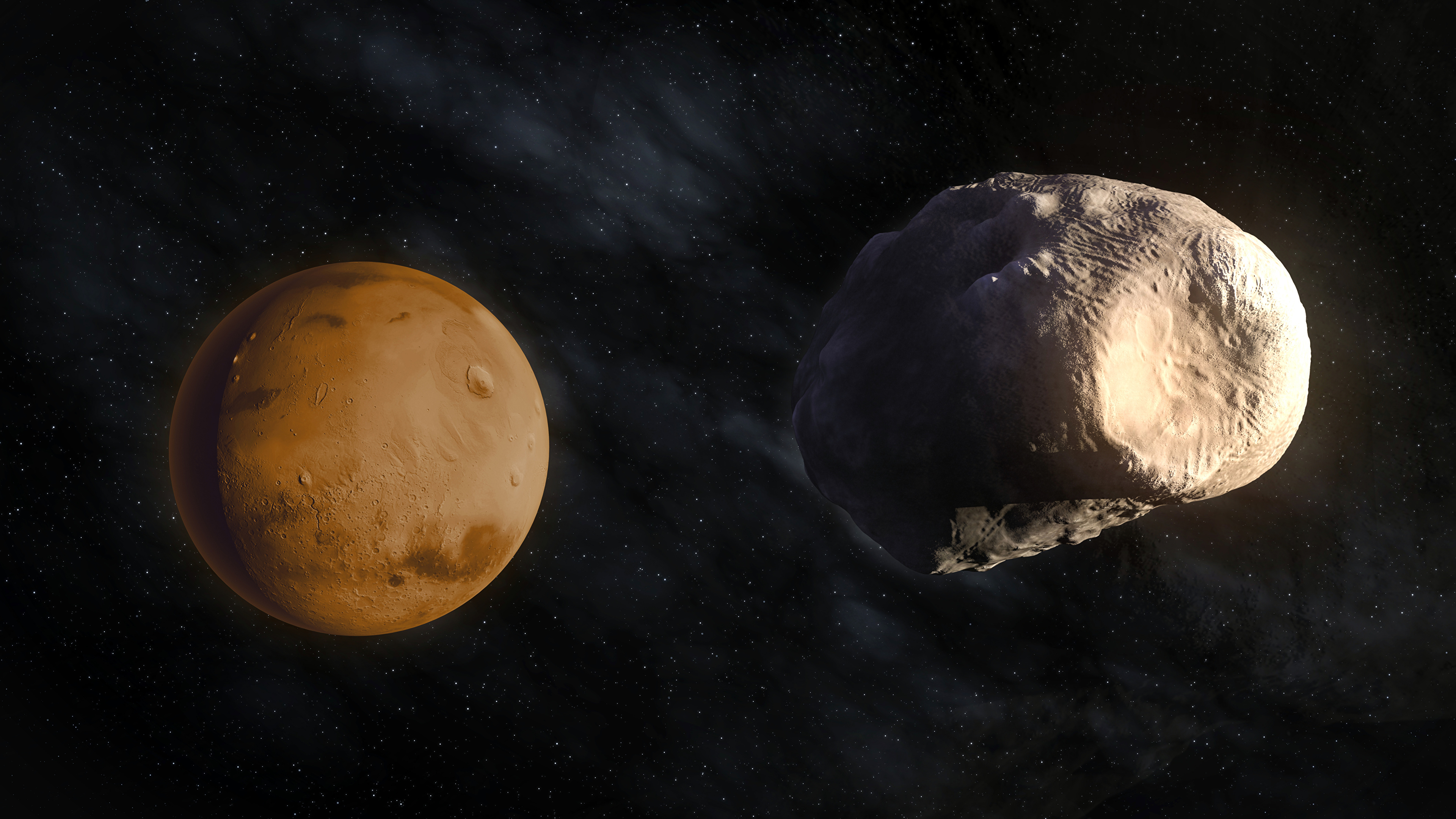 Afbeeldingen Mars Planeten Phobos Ruimte 3D graphics 3840x2160 planeet 3D afbeelding 3D afbeeldingen
