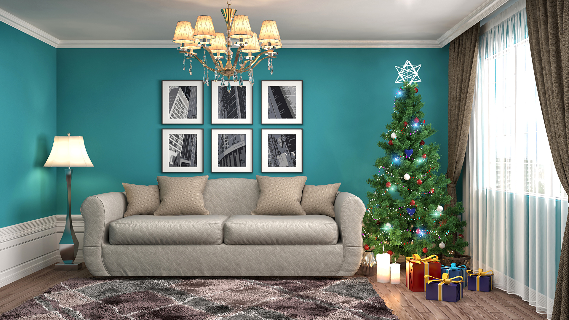 Image New year 3D Graphics Christmas tree Gifts Interior 1920x1080