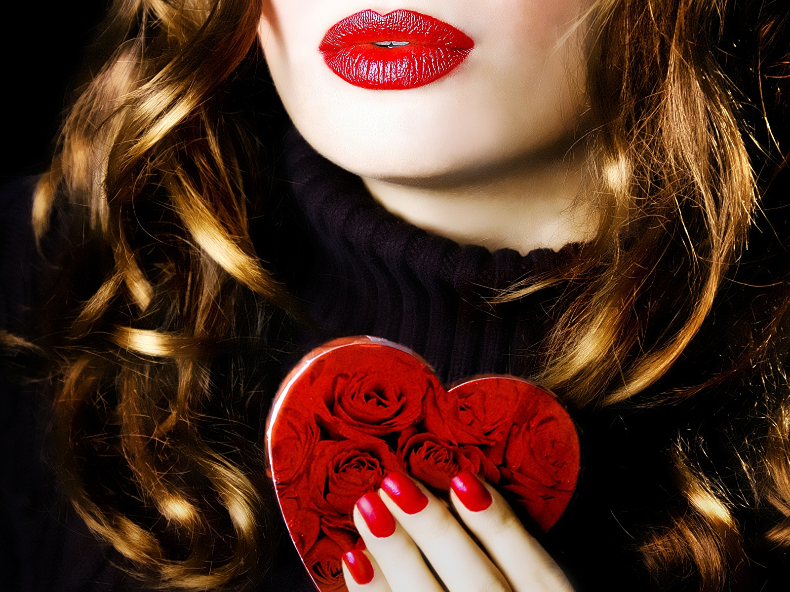 壁紙 1600x10 バレンタインデー バラ 赤い唇 ハート 髪 マニキュア 少女 ダウンロード 写真
