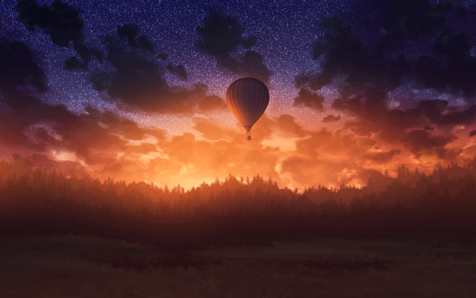 壁紙 19x10 空 森林 夕 朝焼けと日没 気球 ファンタジー ダウンロード 写真