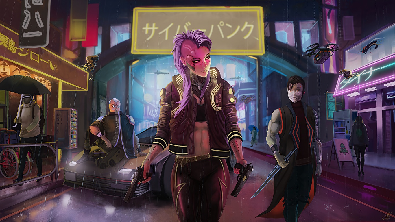 Images Cyberpunk 2077 Pistols Girls vdeo game 1366x768