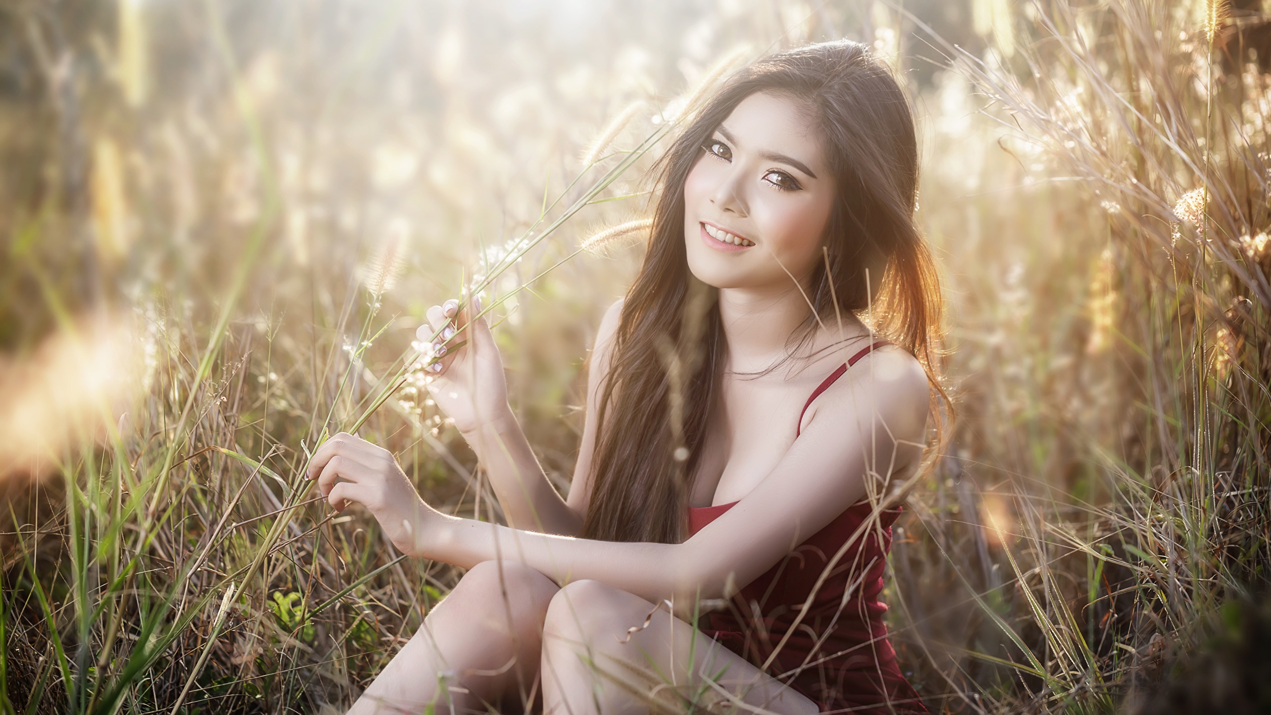 Wallpaper Brown Haired Smile Female Sit Grass Hands Glance 2560x1440 4535