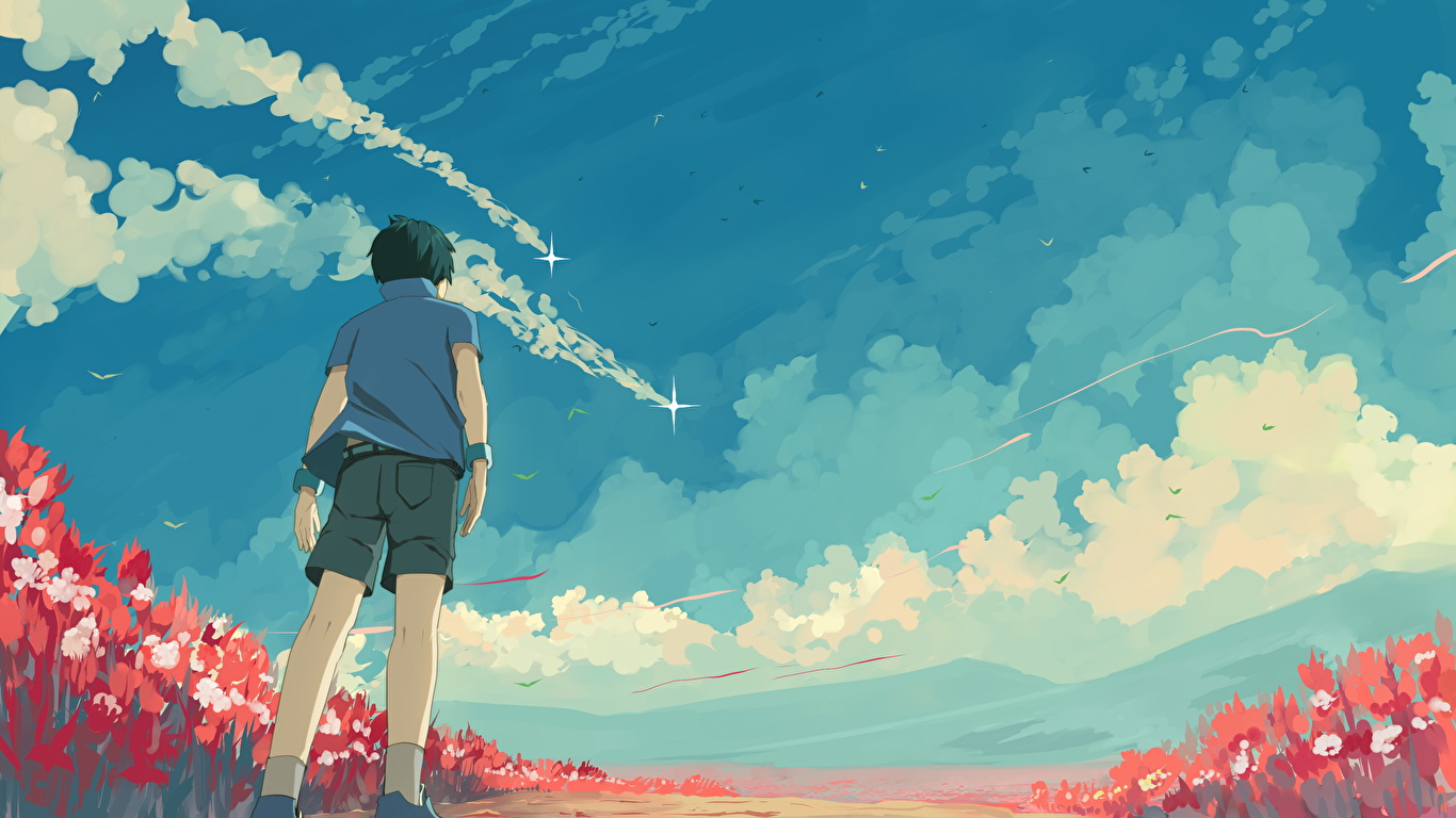 Images Boys Anime Sky Clouds 1366x768