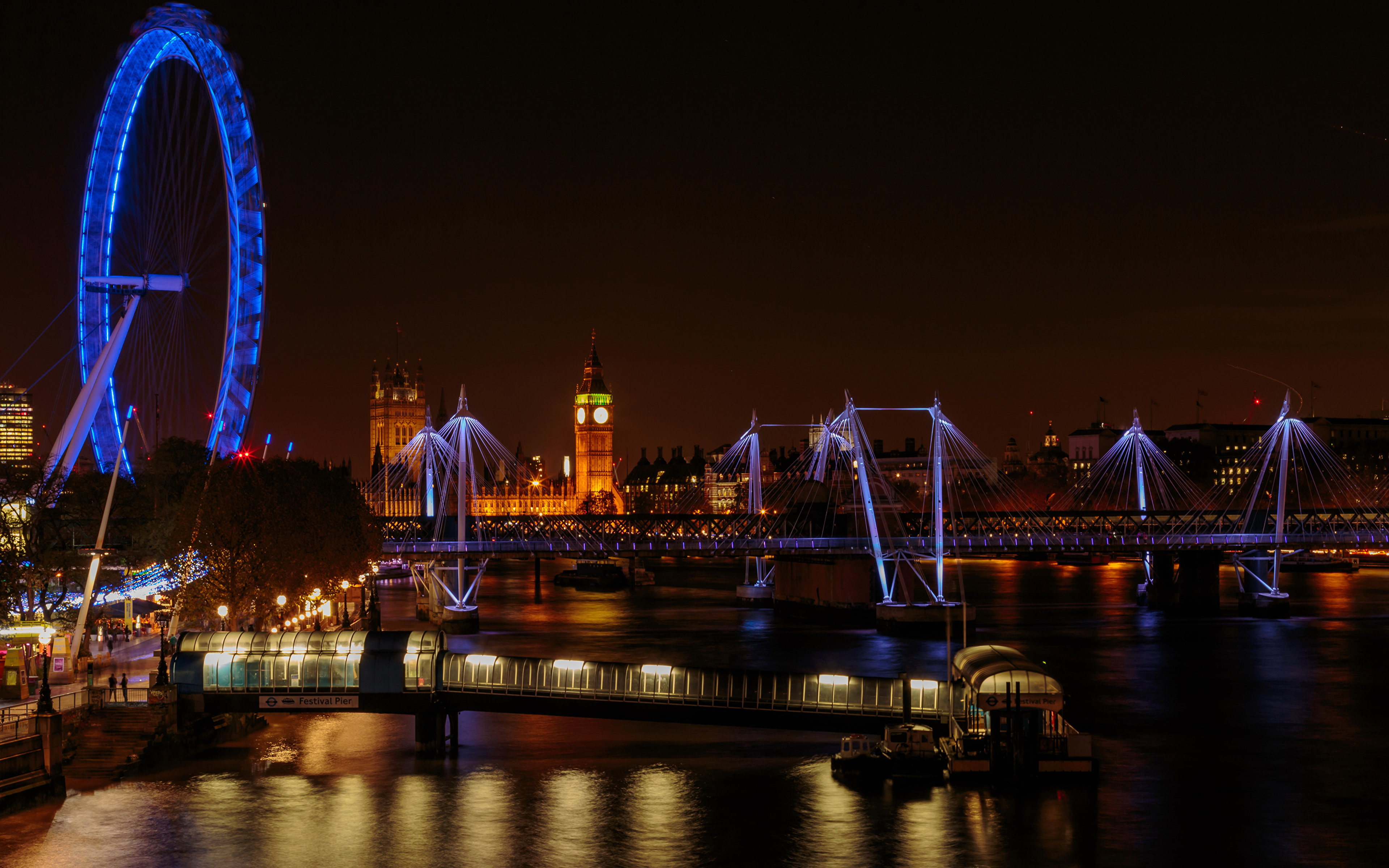 壁紙 3840x2400 イギリス 川 橋 ロンドン 観覧車 夜 都市 ダウンロード 写真