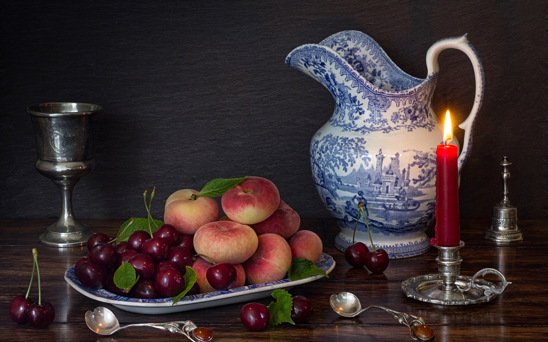 Desktop Wallpapers jugs Cherry Peaches Food Spoon Candles 1920x1200