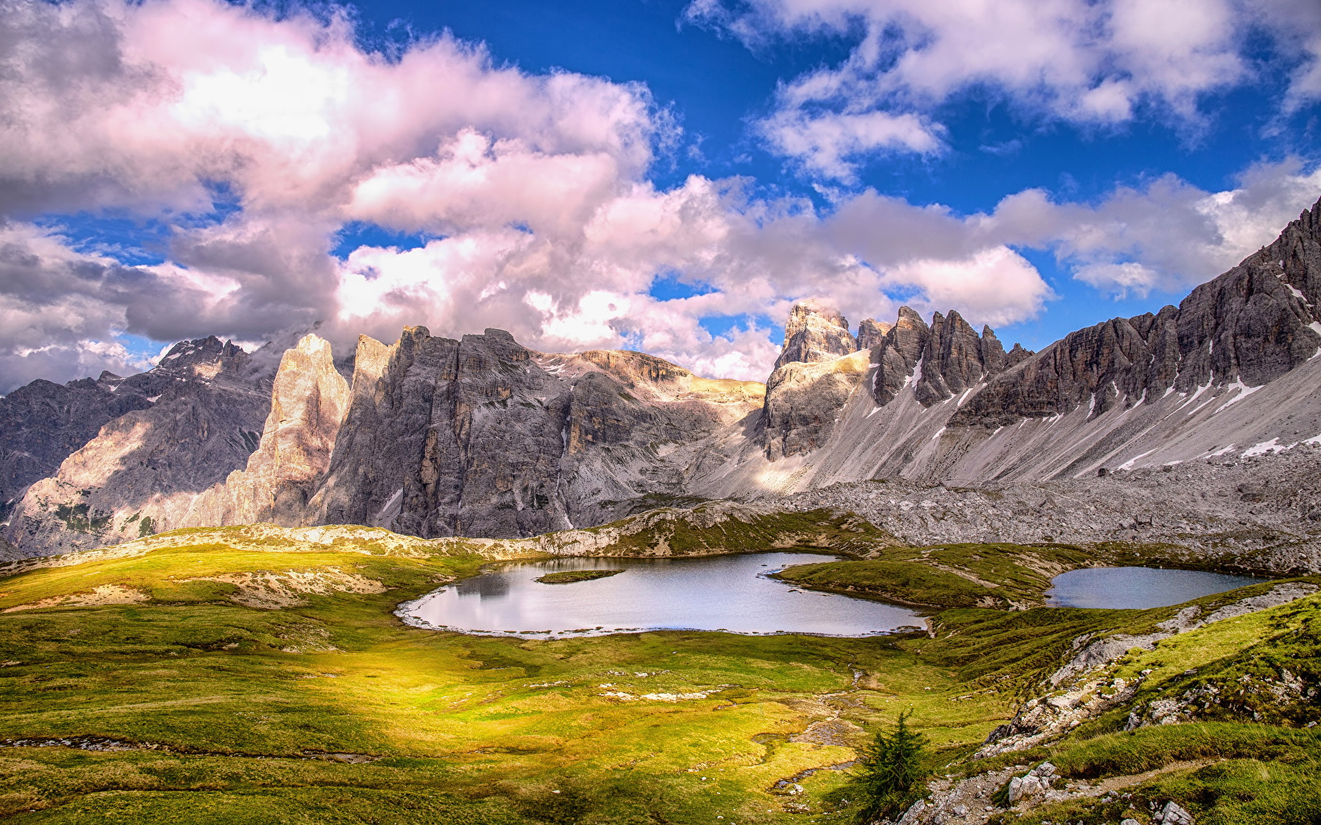 壁紙 19x10 イタリア 山 湖 風景写真 Dolomites 雲 アルプス山脈 ハイダイナミックレンジ合成 自然 ダウンロード 写真