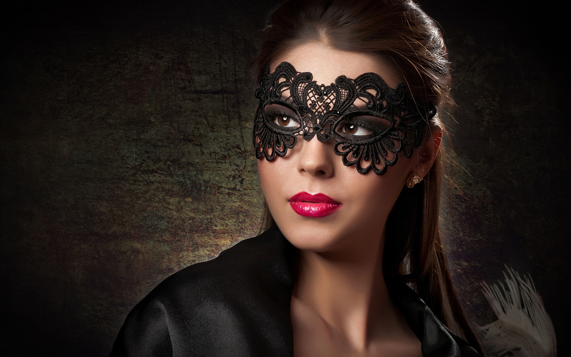 Images Brown haired Face Girls Masks Red lips 1920x1200