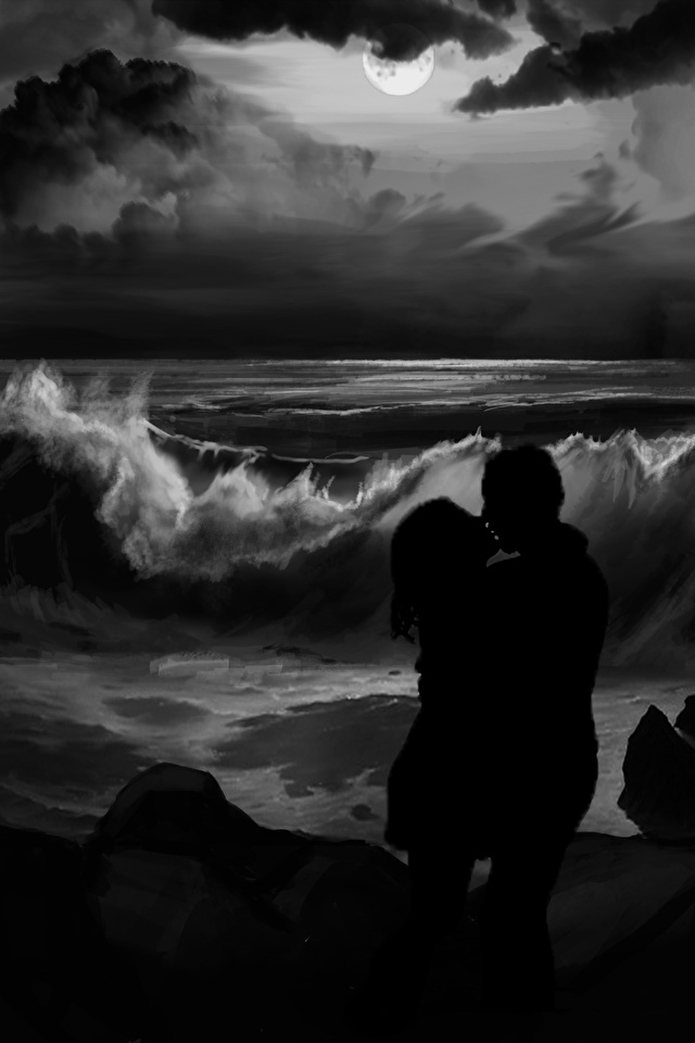 壁紙 640x960 愛 描かれた壁紙 波 海岸 恋人 2 二つ 白黒 夜 接吻 ダウンロード 写真