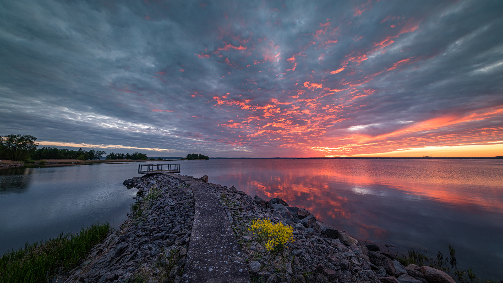 壁紙 19x1080 スウェーデン 湖 朝焼けと日没 雲 自然 ダウンロード 写真