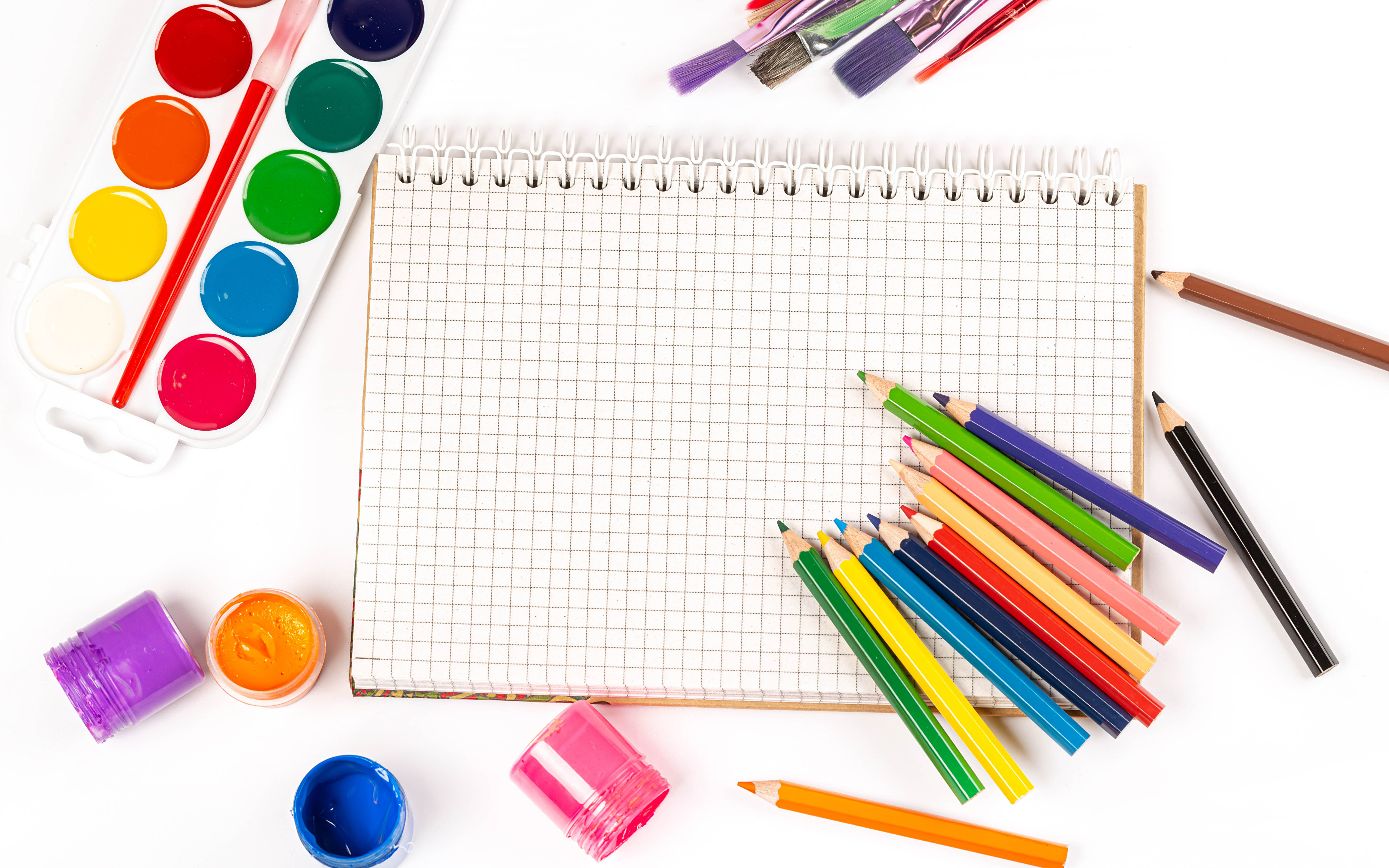 Картинка Школа карандаша Лист бумаги Краски Разноцветные 3840x2400