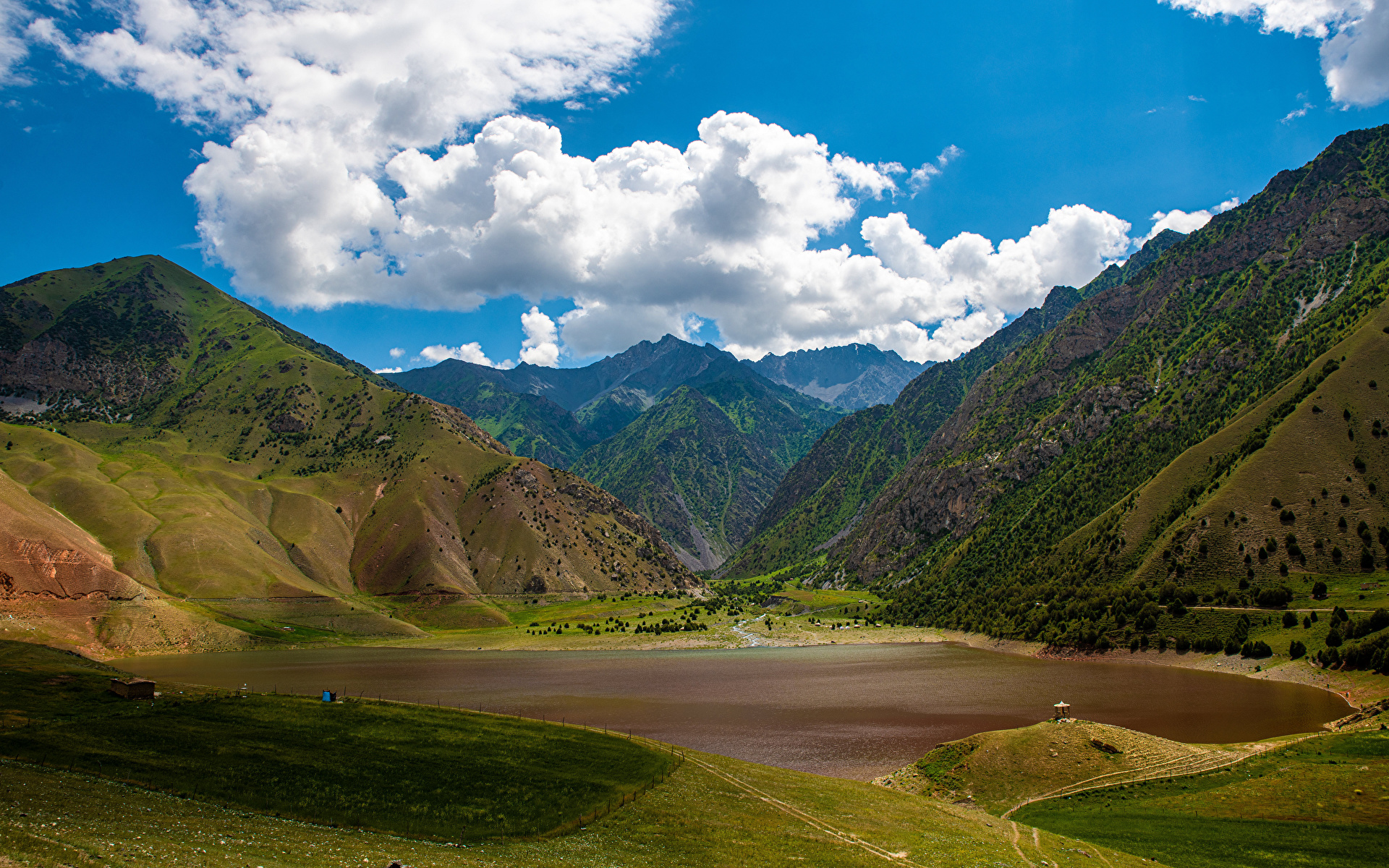 1920x1200、山、風景写真、湖、Kyrgyzstan、雲、自然、