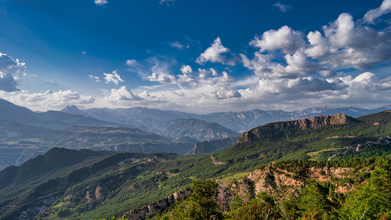 Images Nature Spain La Nou, Catalonia Clouds Mountains Sky 1366x768