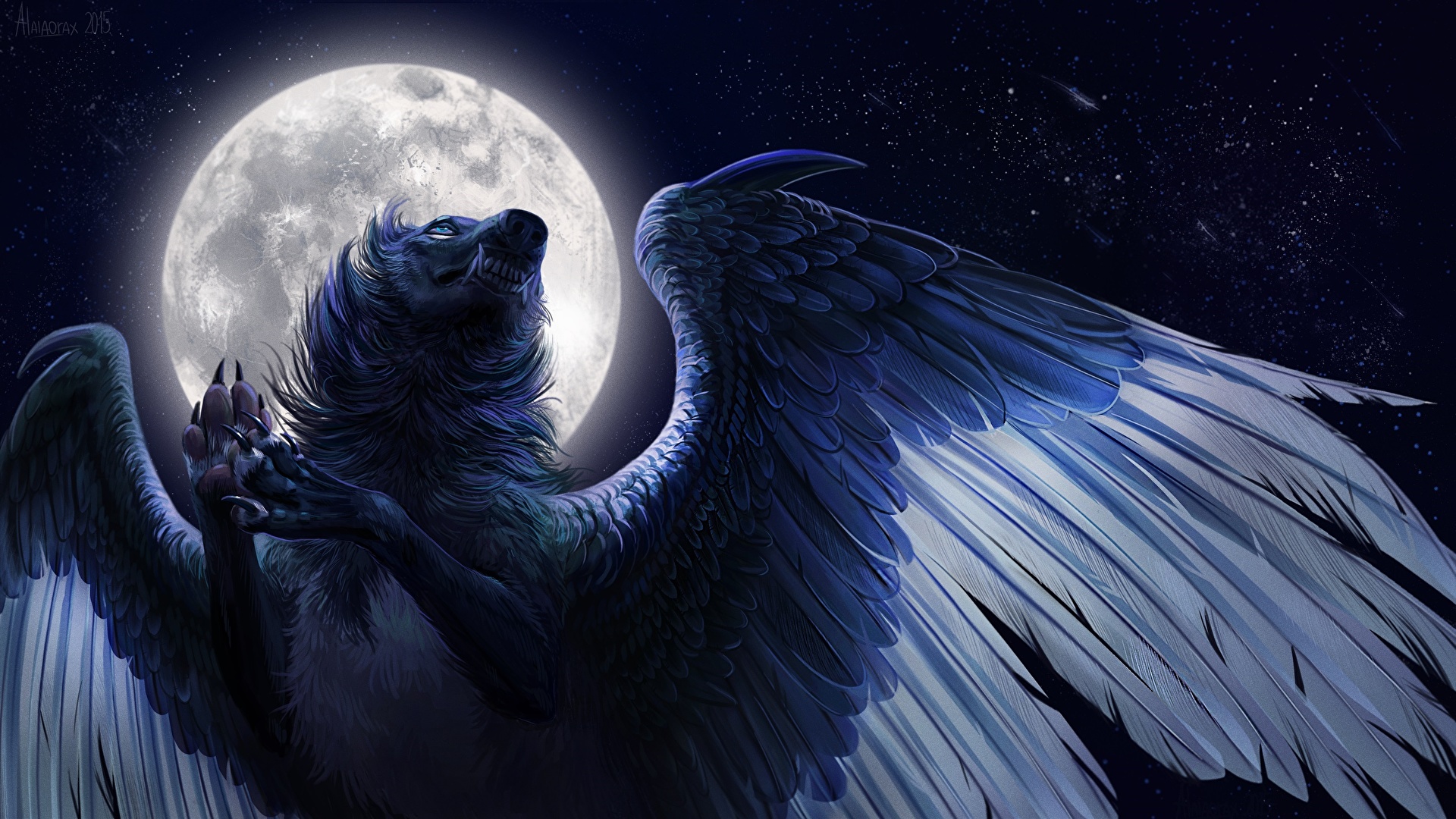 Photos Wolf Wings Fantasy Moon Night Time Magical Animals 19x1080