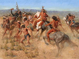 Bakgrundsbilder på skrivbordet Målarkonst Häst Indianer Andy Thomas, Massacre on the Gila