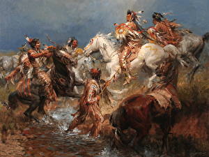 Papel de Parede Desktop Pintura Cavalos Indios Andy Thomas, A Clash Between the Crow and the Sioux