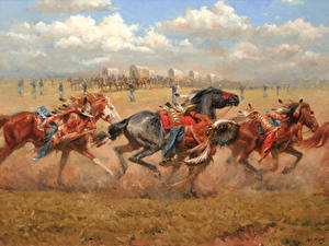 桌面壁纸，，绘画，馬匹，美洲原住民，Andy Thomas, Attack on the 7th Cavalry，