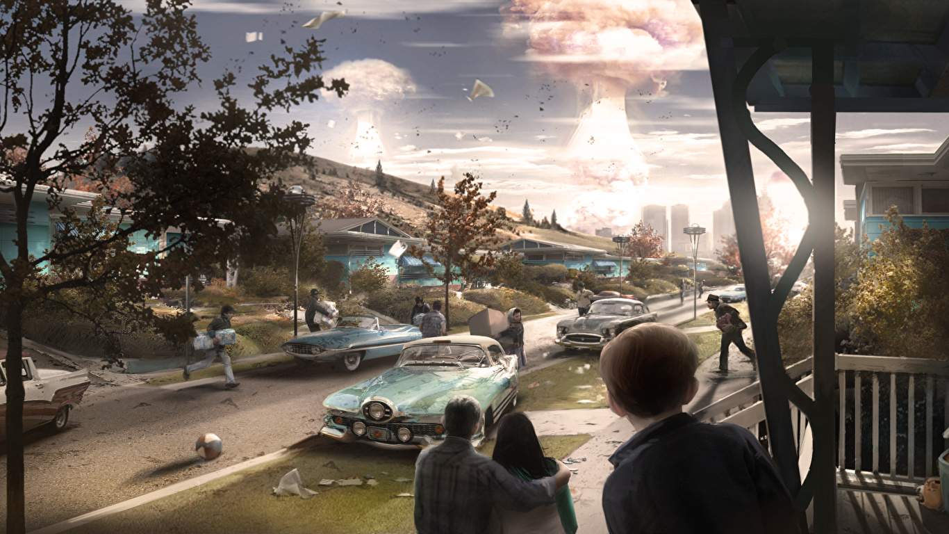 壁紙 1366x768 爆発 人々 黙示録 Fallout 4 ストリート ゲーム ファンタジー ダウンロード 写真