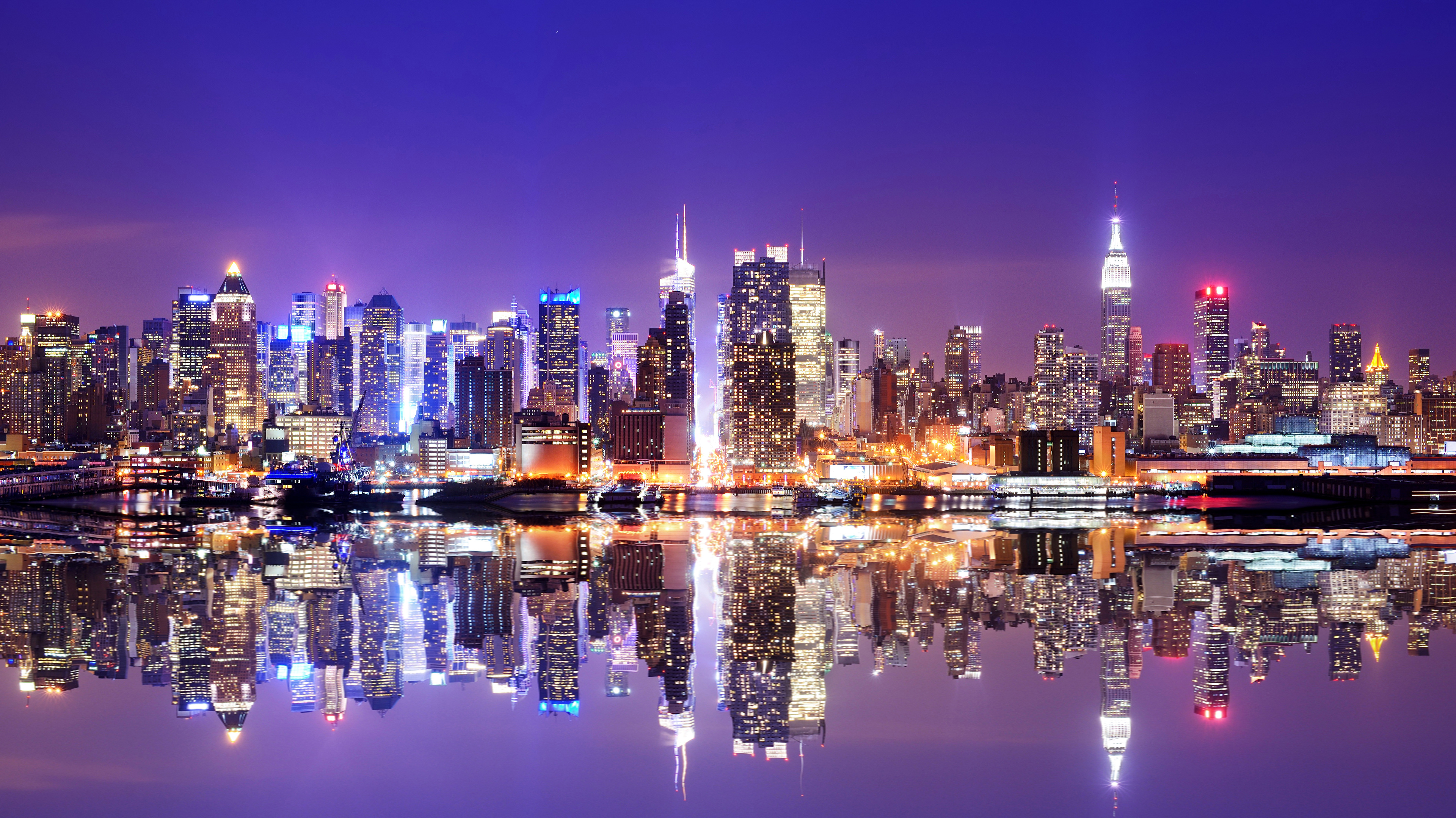 壁紙 3840x2160 アメリカ合衆国 超高層建築物 川 ニューヨーク 夜 マンハッタン 都市 ダウンロード 写真