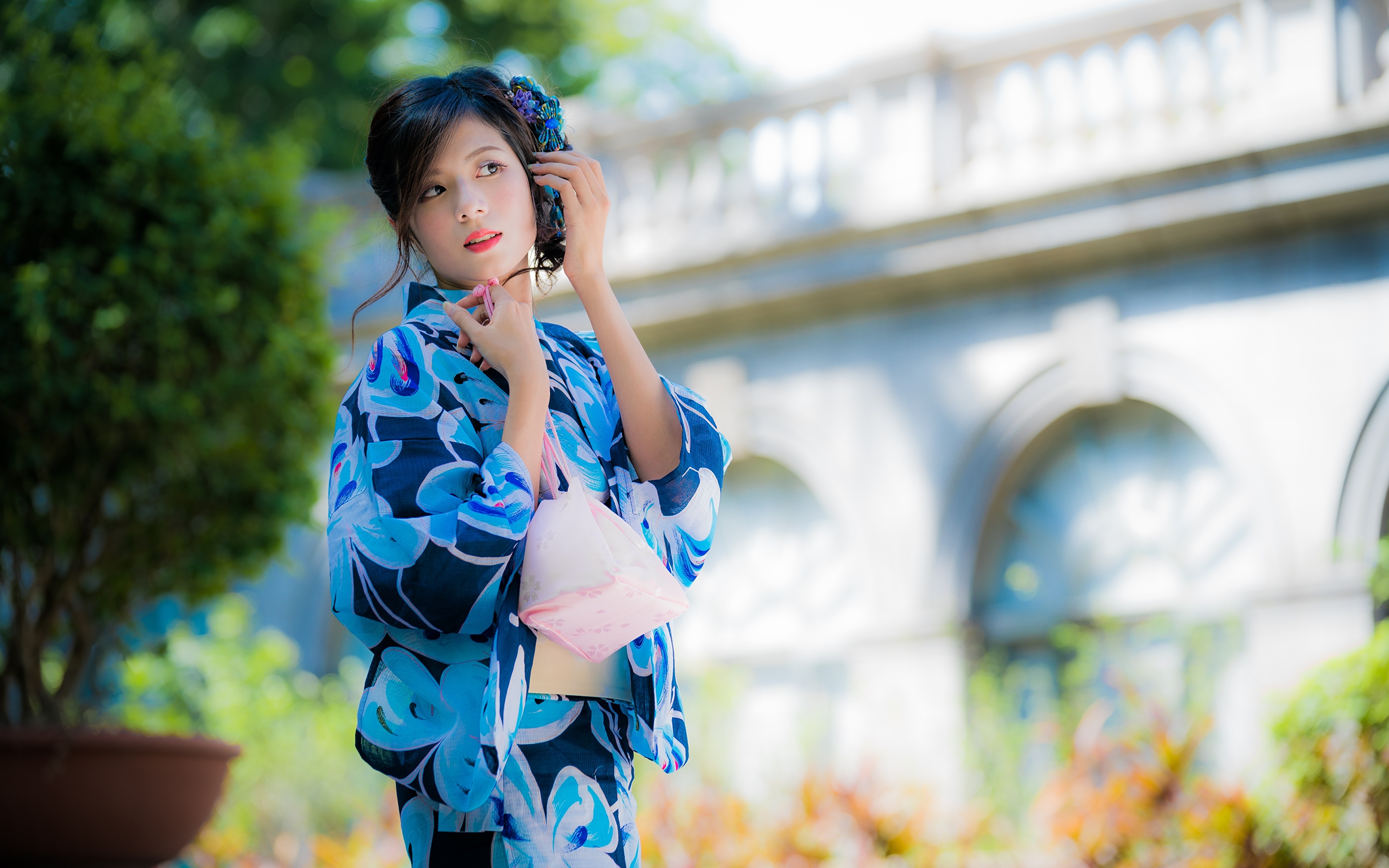 Wallpaper Brunette girl Bokeh Kimono young woman Asian 3840x2400