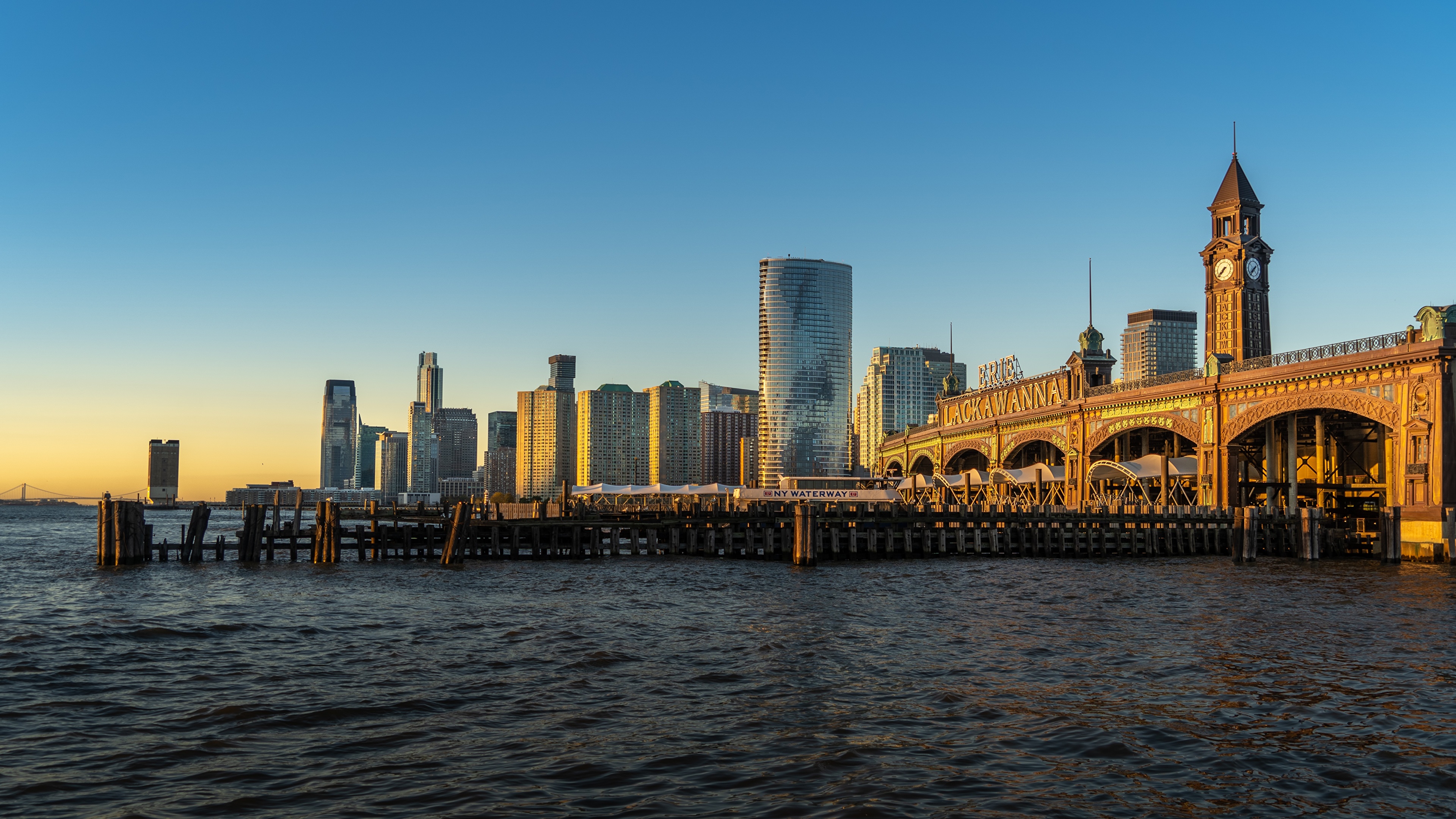 壁紙 3840x2160 朝焼けと日没 桟橋 超高層建築物 アメリカ合衆国 New Jersey Hoboken 塔 都市 ダウンロード 写真