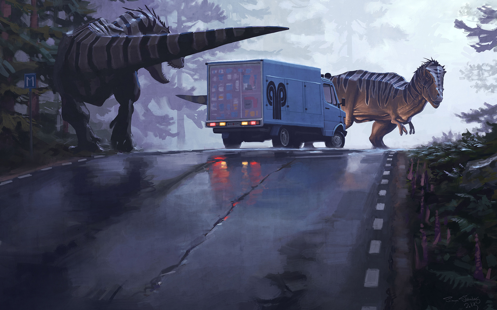 Photos Trucks Dinosaurs Simon Stalenhag Fantasy Roads 1920x1200