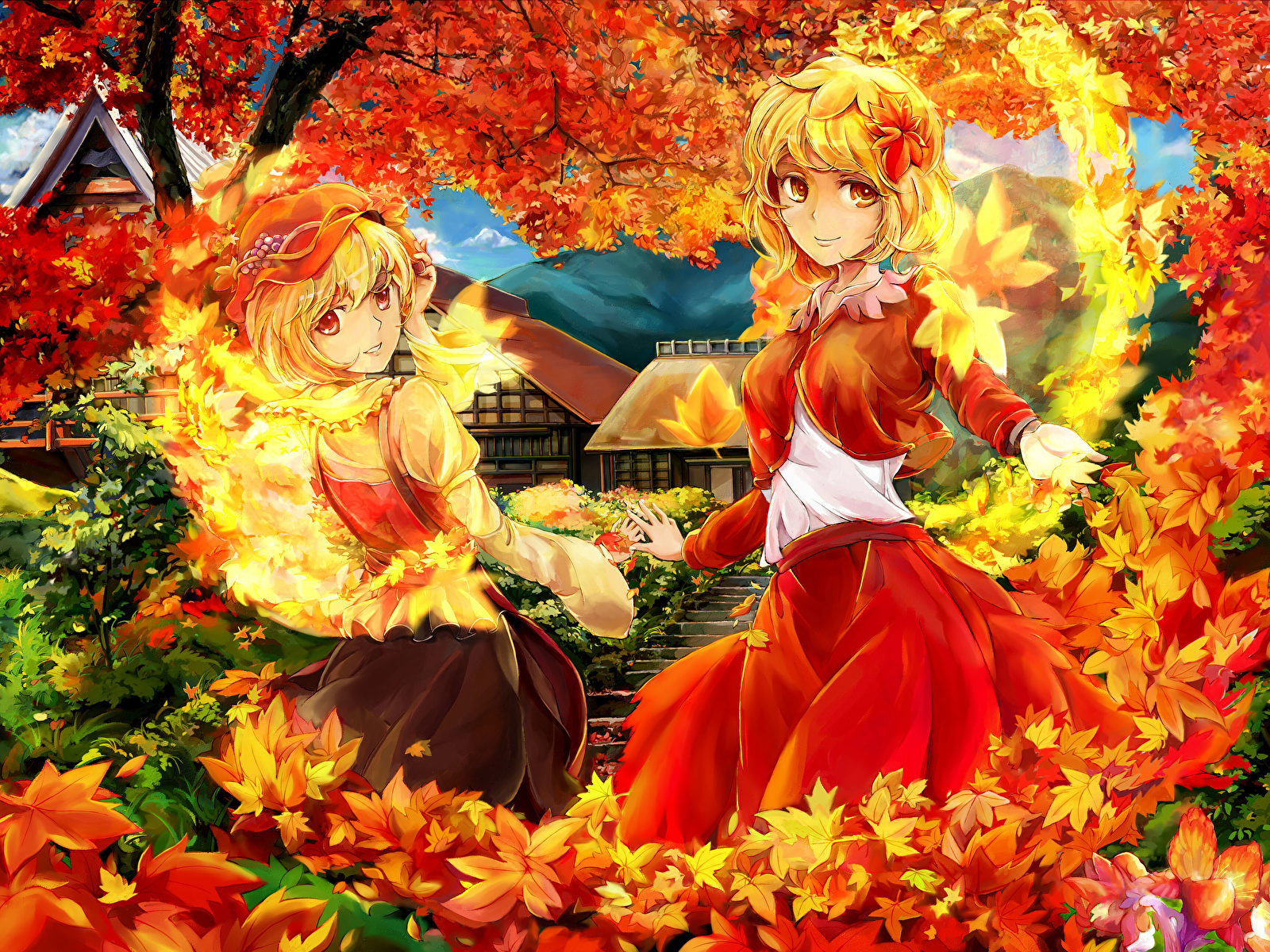Autumn landscape Autumn tree leaves sky background , anime style Stock  Illustration | Adobe Stock
