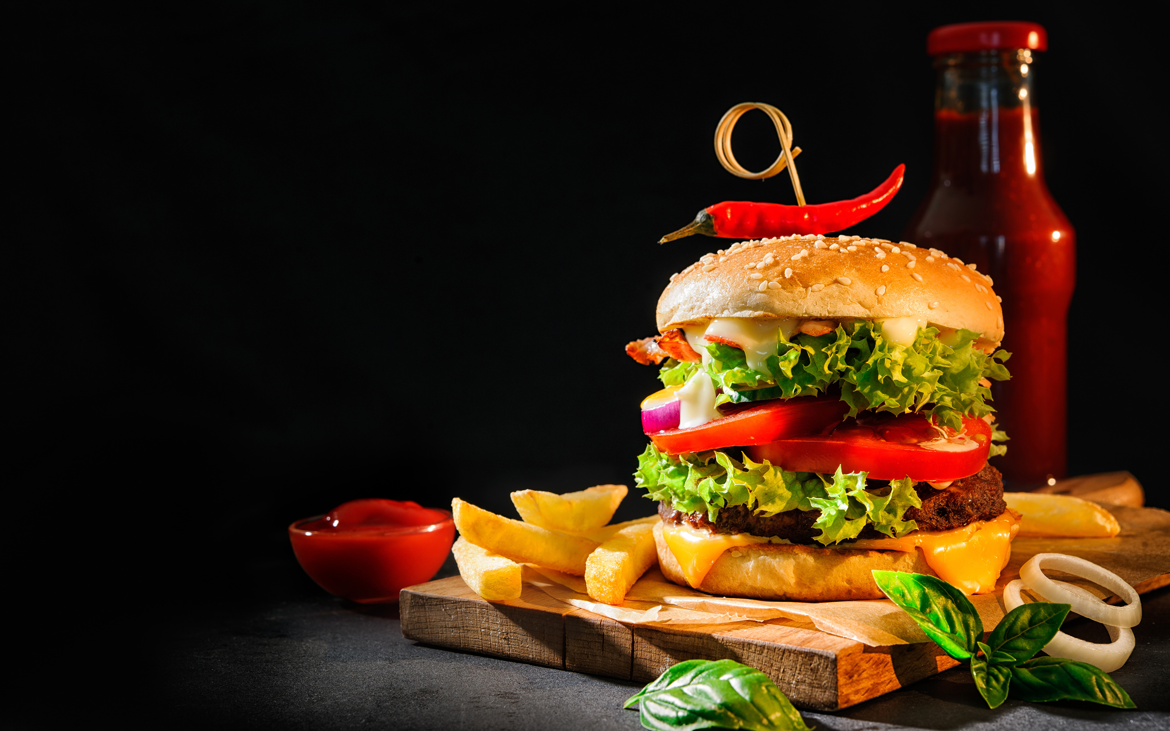 Photo Hamburger French Fries Ketchup Food Bottles 3840x2400