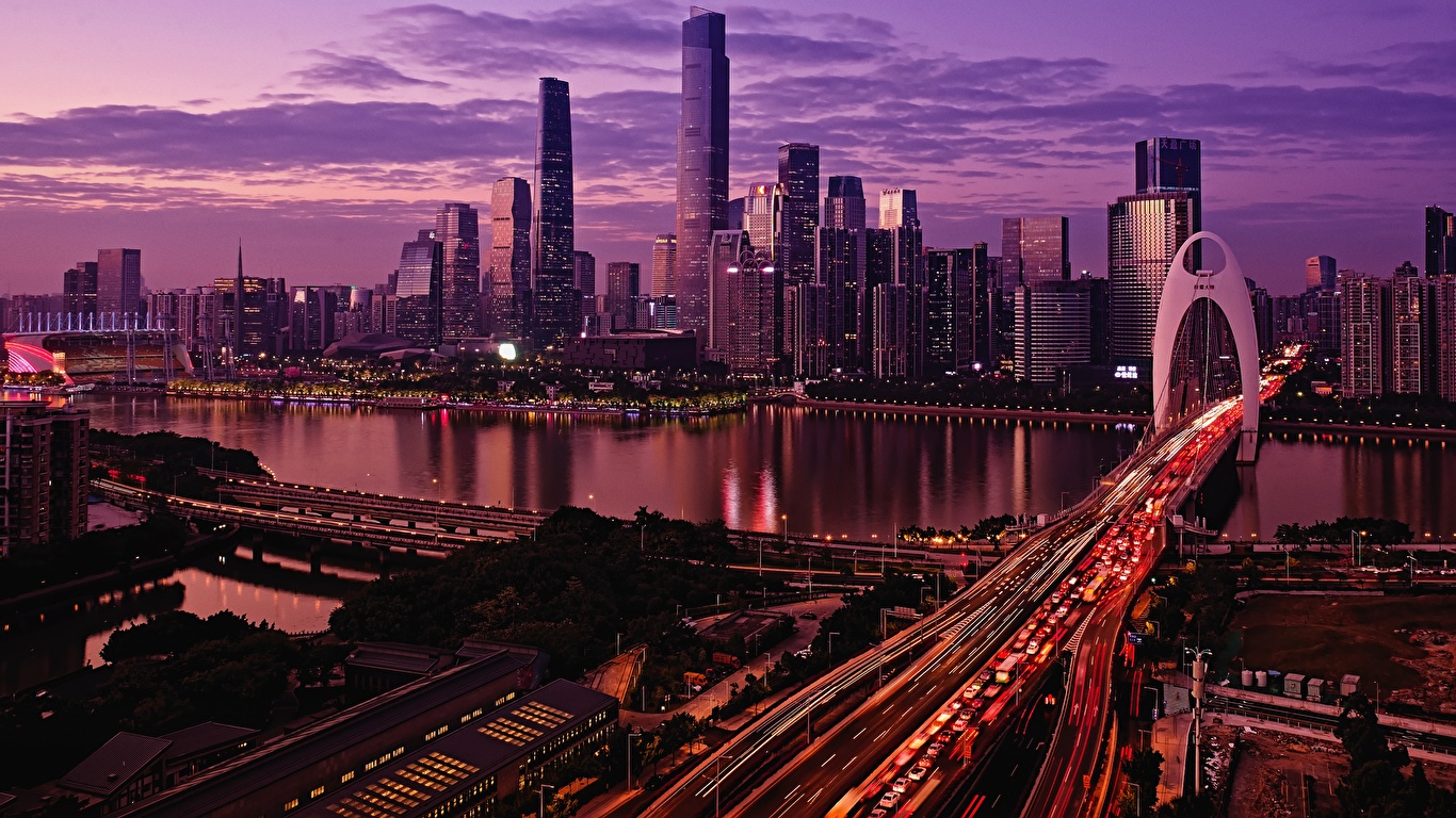 Обои для рабочего стола Китай Мегаполис Guangzhou мост Реки 1366x768