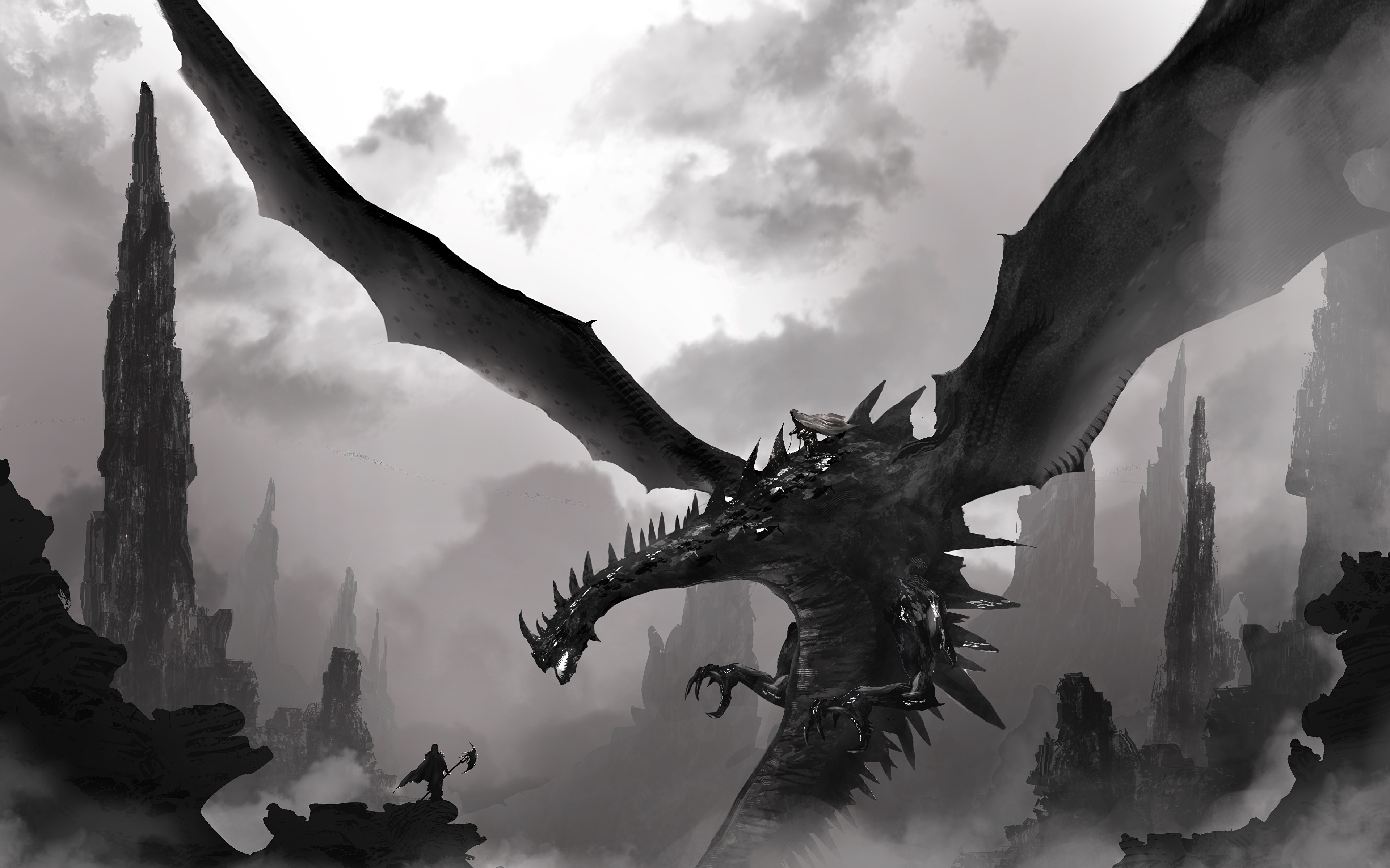 Desktop Wallpapers Dragons Wings Fantasy Black and white 3840x2400