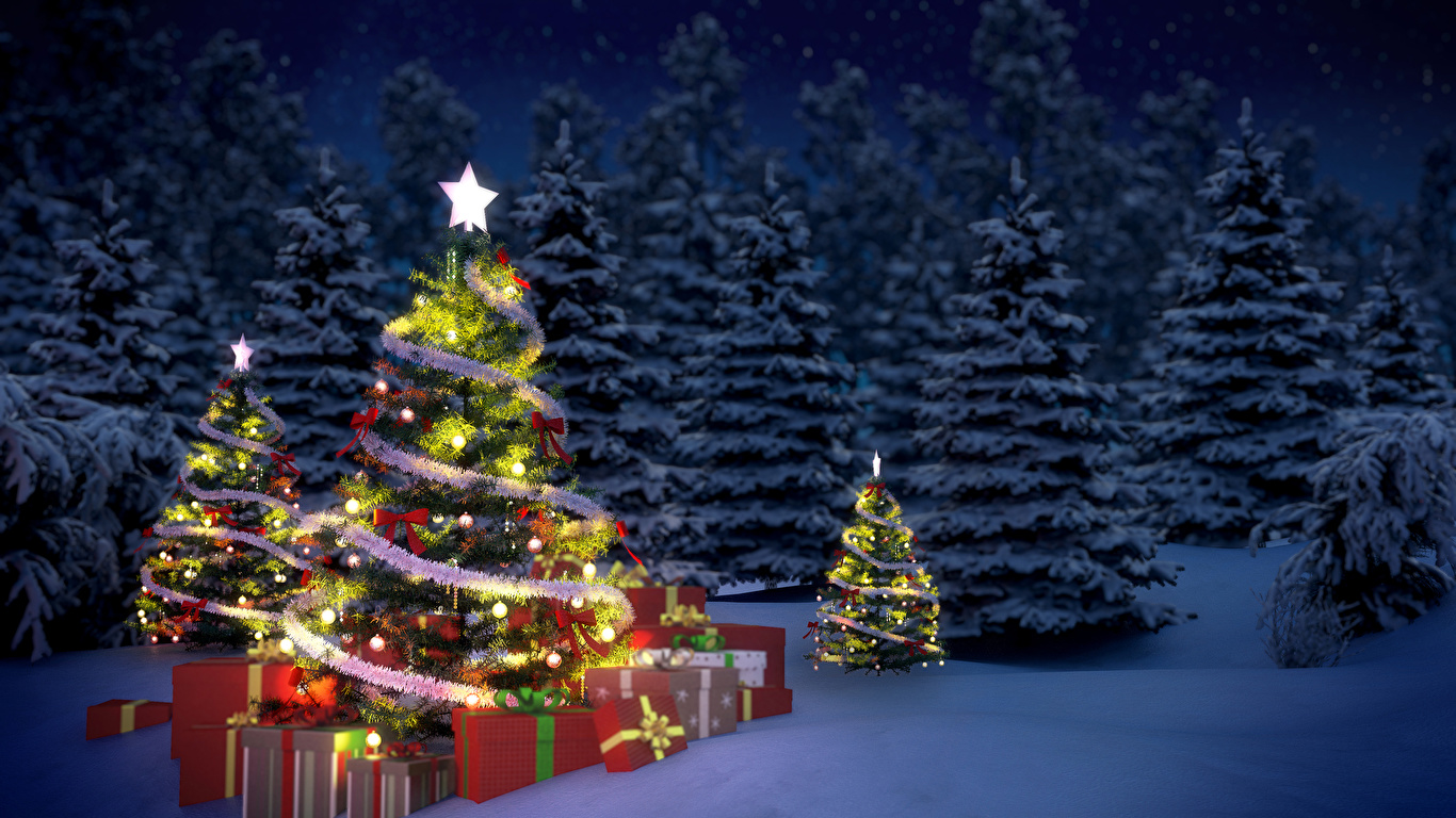 壁紙 1366x768 祝日 新年 クリスマスツリー 贈り物 クリスマスライト ダウンロード 写真