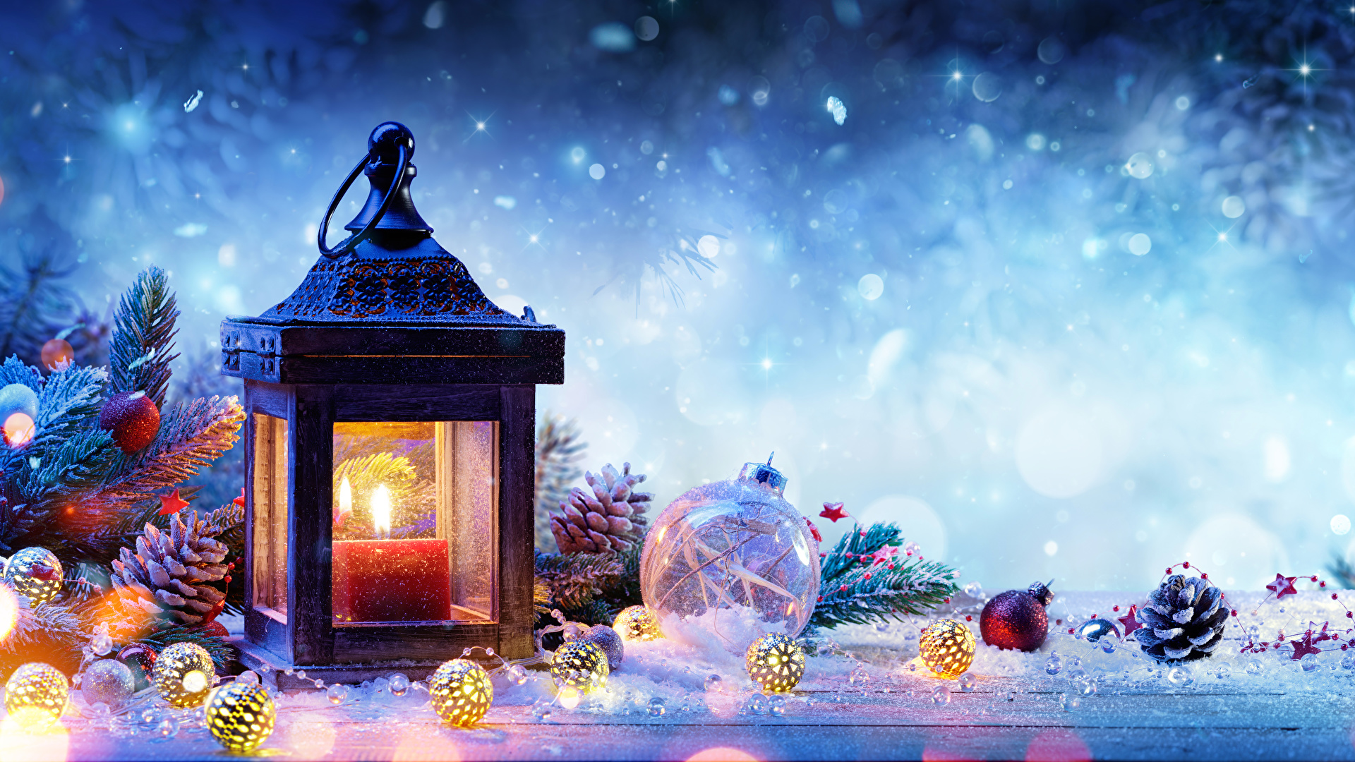 Photos Christmas Lantern Winter Snow Balls Candles 1920x1080