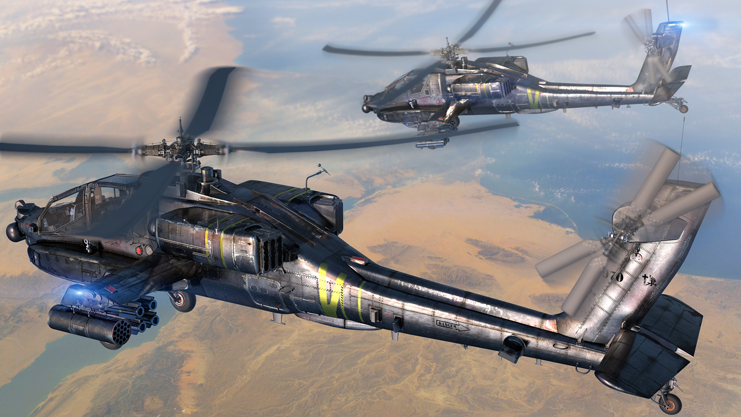 Image 3D Graphics Helicopters Aviation AH-64 Apache Flight 2560x1440