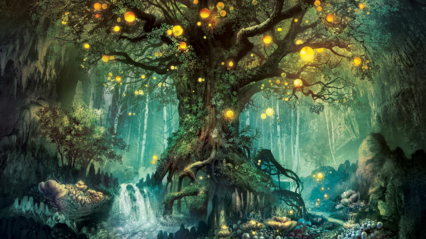 壁紙 1366x768 幻想的な世界 森林 木 ファンタジー ダウンロード 写真