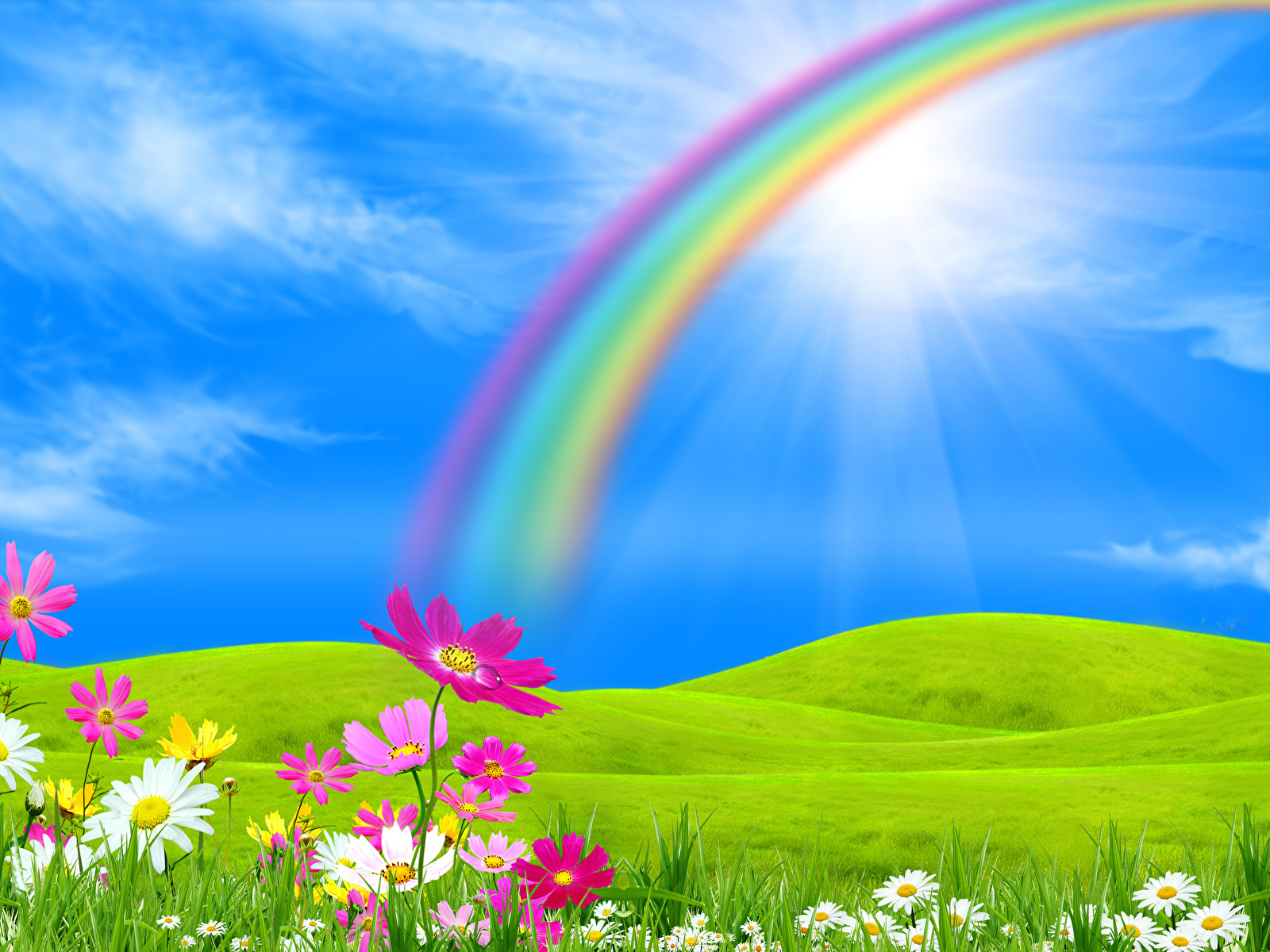 Images Nature Rainbow Sky Grasslands 1600x10