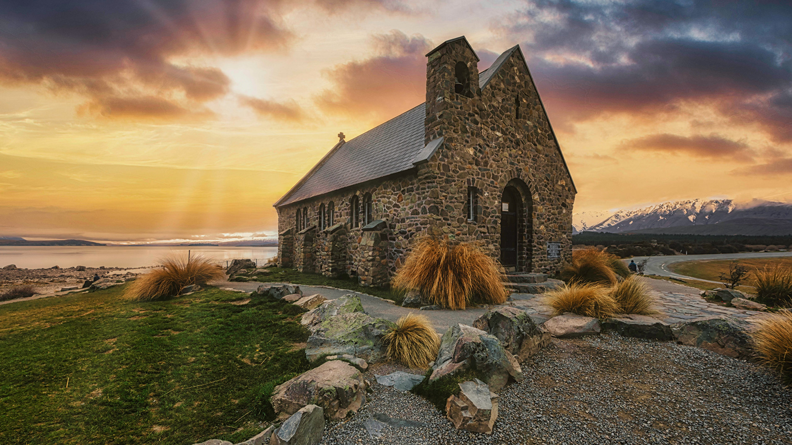 Image Rays of light Church New Zealand Lake Tekapo Nature 2560x1440