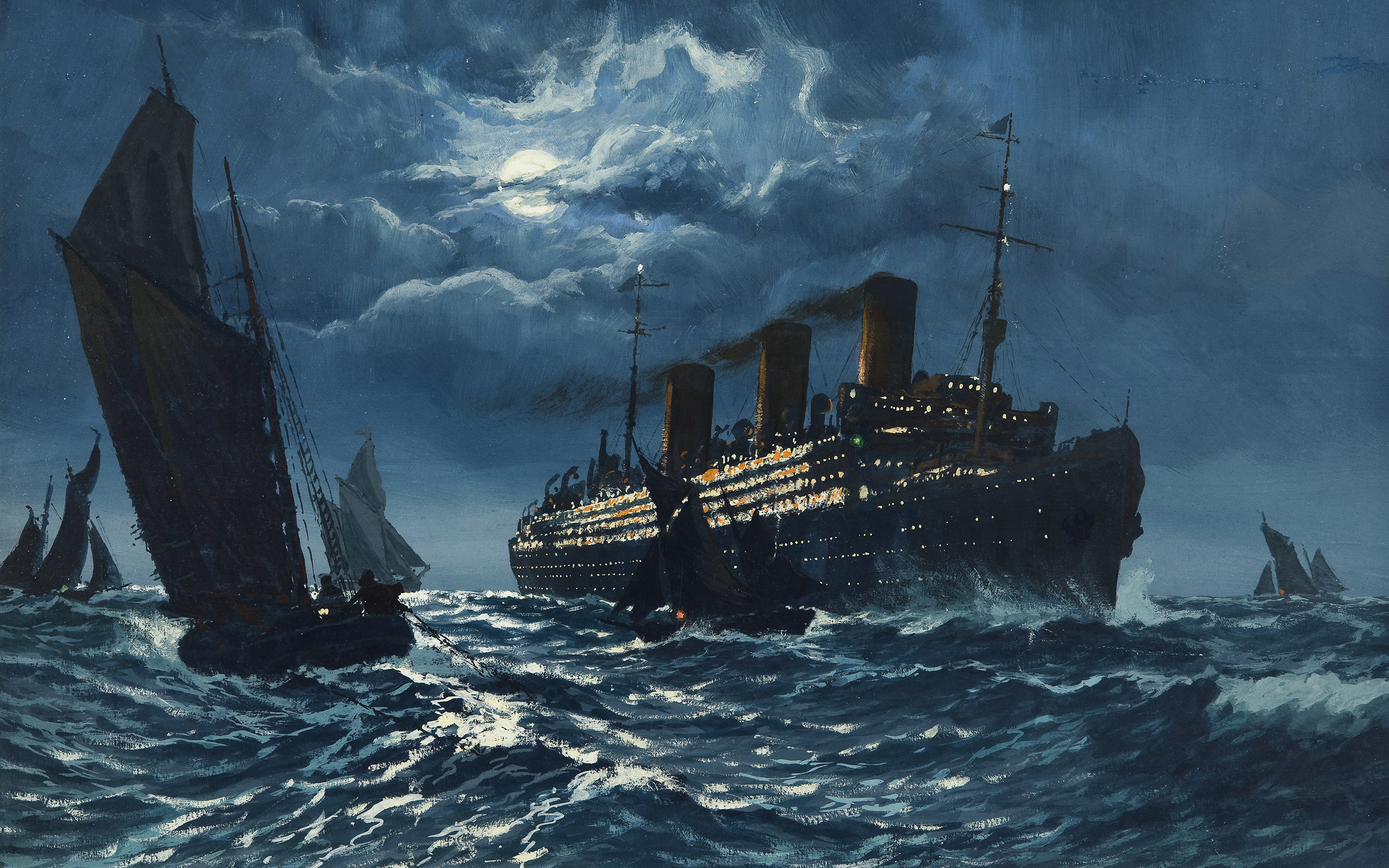 壁紙 3840x2400 船 描かれた壁紙 絵画 海 波 クルーズ船 Adolf Bock ダウンロード 写真