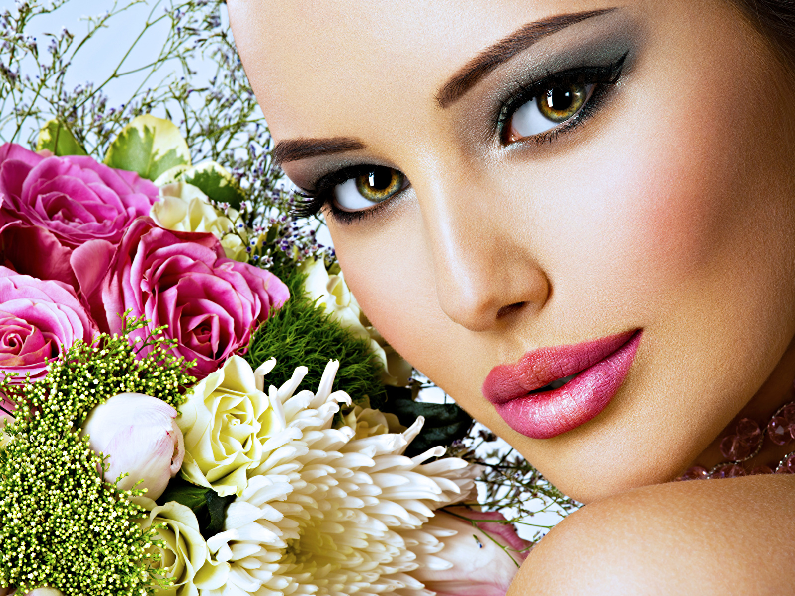 Images Makeup bouquet Face Girls Glance 1600x1200