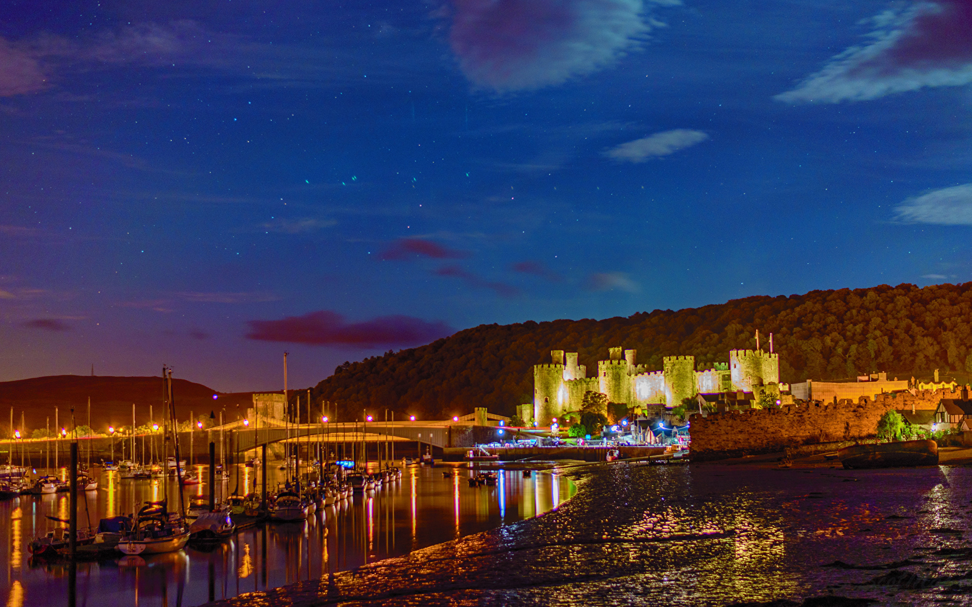 壁紙 19x10 イギリス 城 川 桟橋 Conwy 夜 ウェールズ 都市 ダウンロード 写真