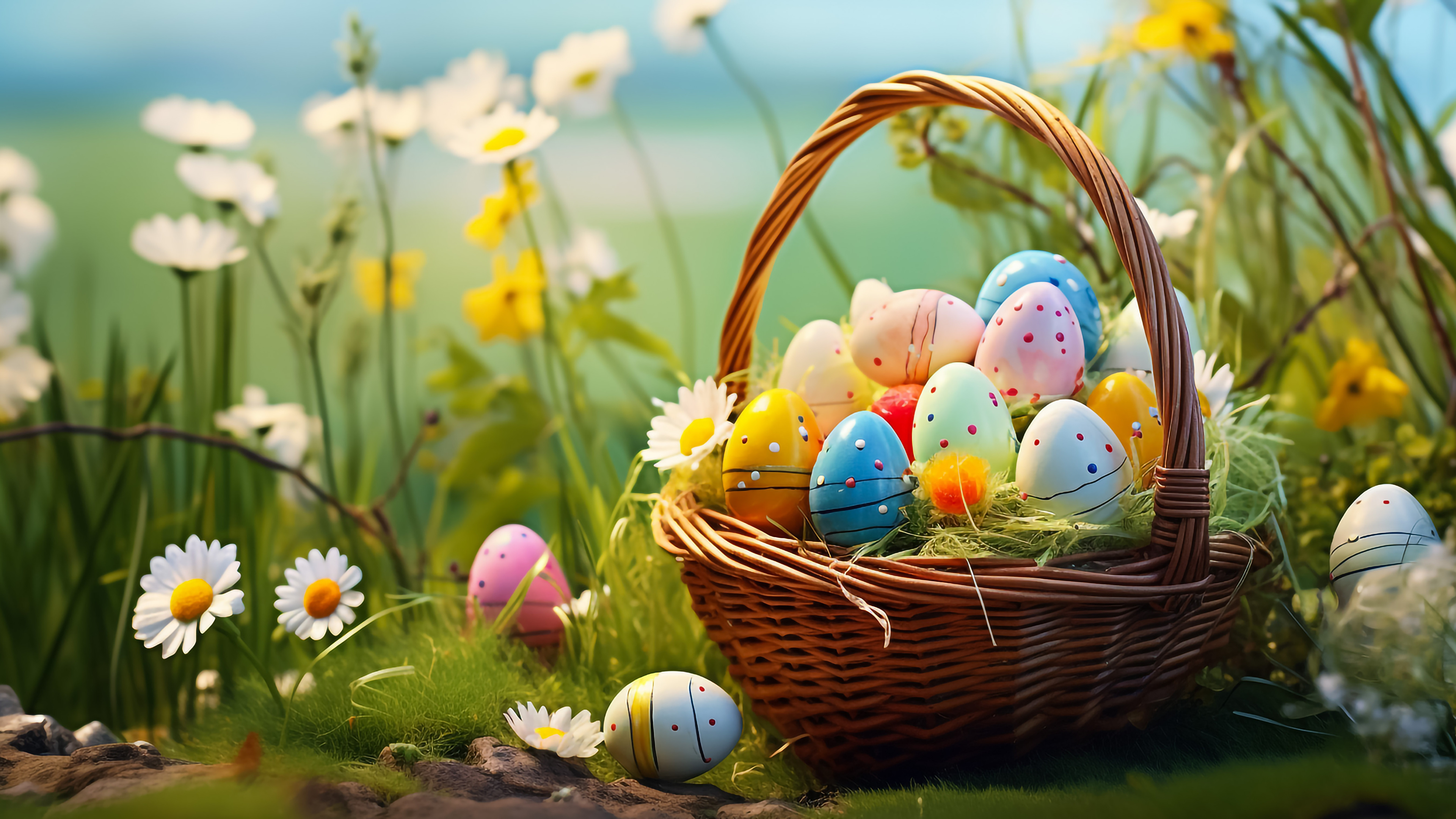 Picture Easter egg Camomiles Wicker basket 3840x2160