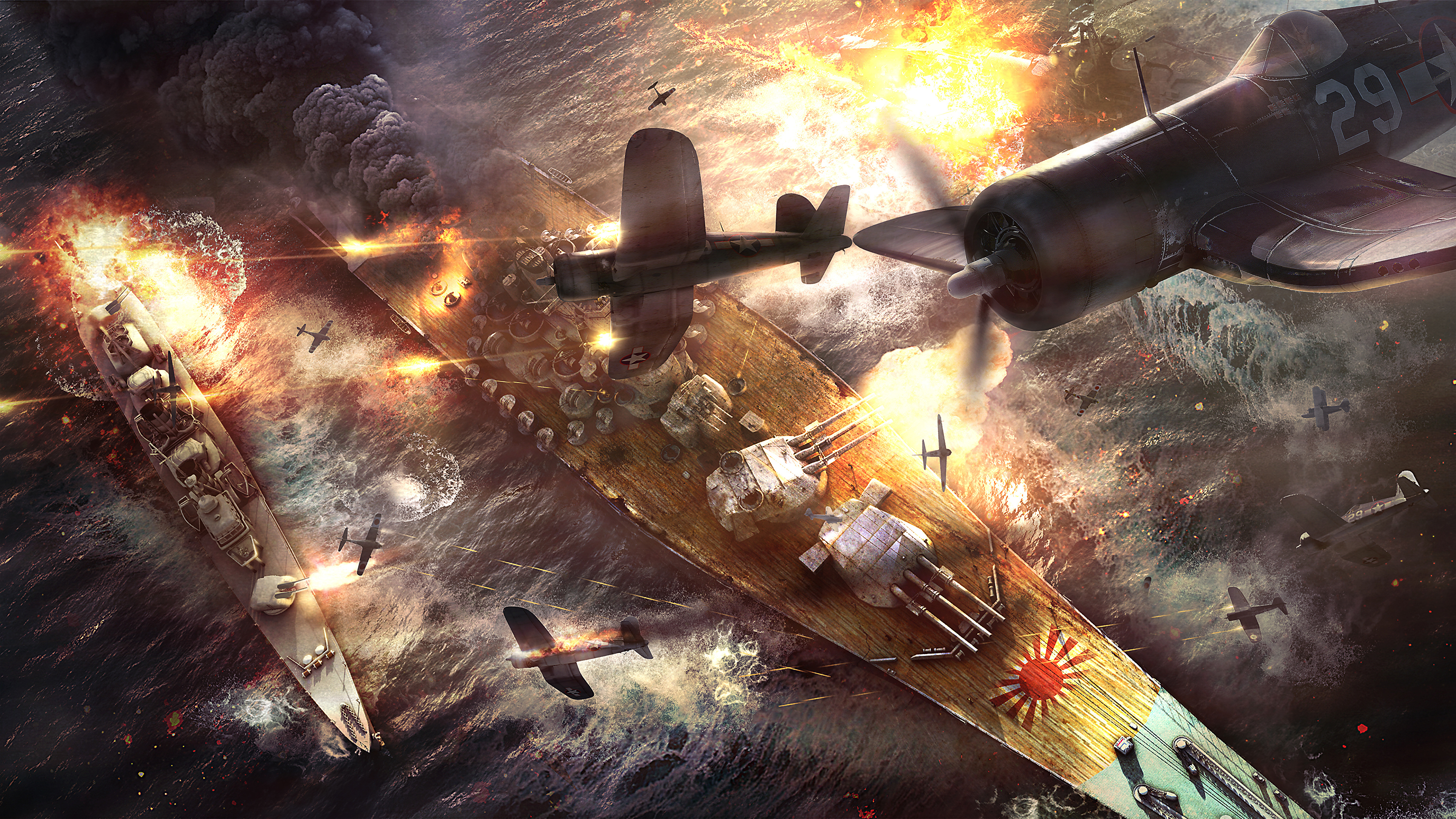 壁紙 3840x2160 War Thunder 飛行機 船 Battle Of Okinawa 日本の アメリカの ゲーム ダウンロード 写真