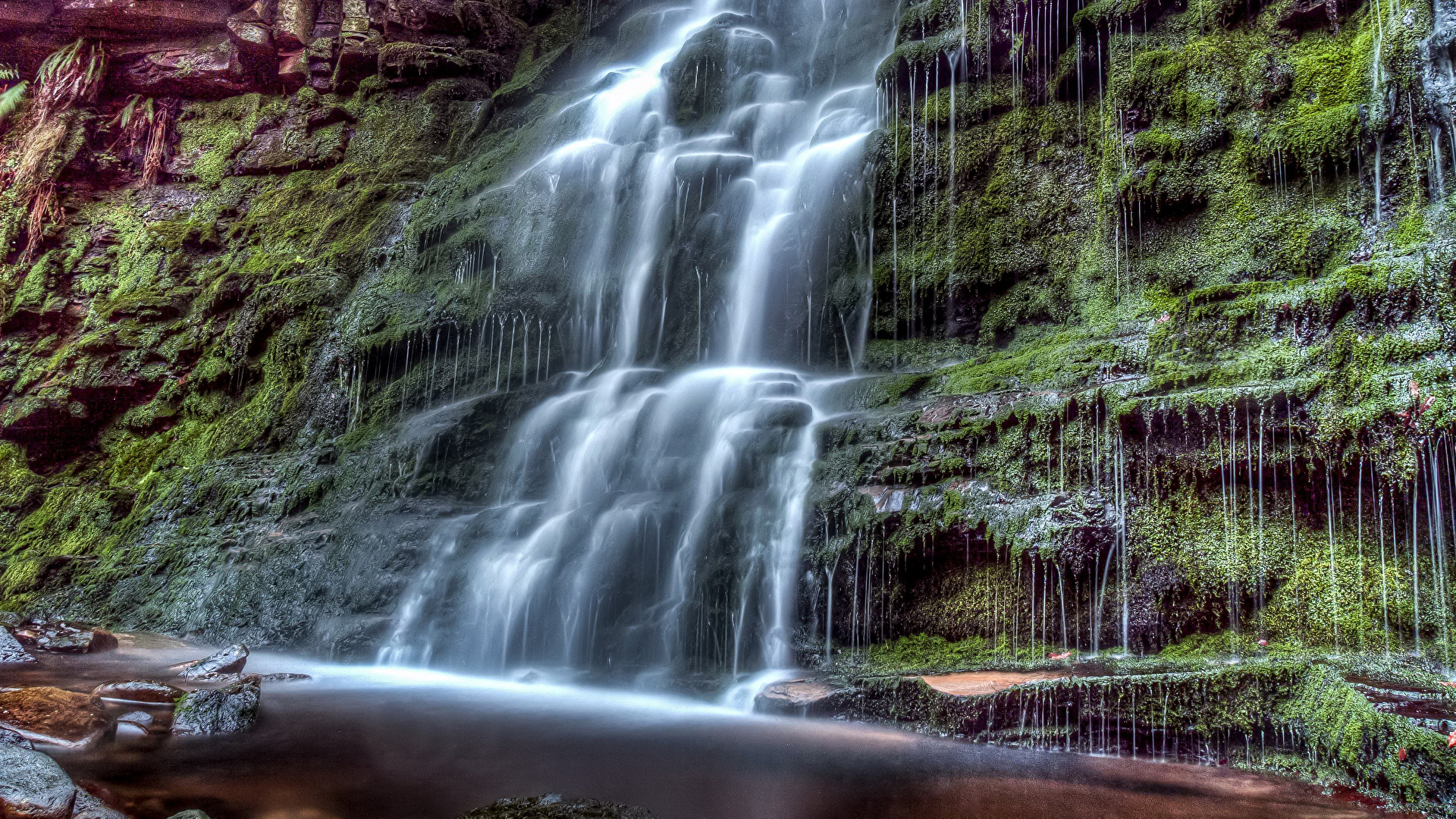 壁紙 19x1080 イギリス 滝 Middle Black Clough Waterfall コケ 自然 ダウンロード 写真