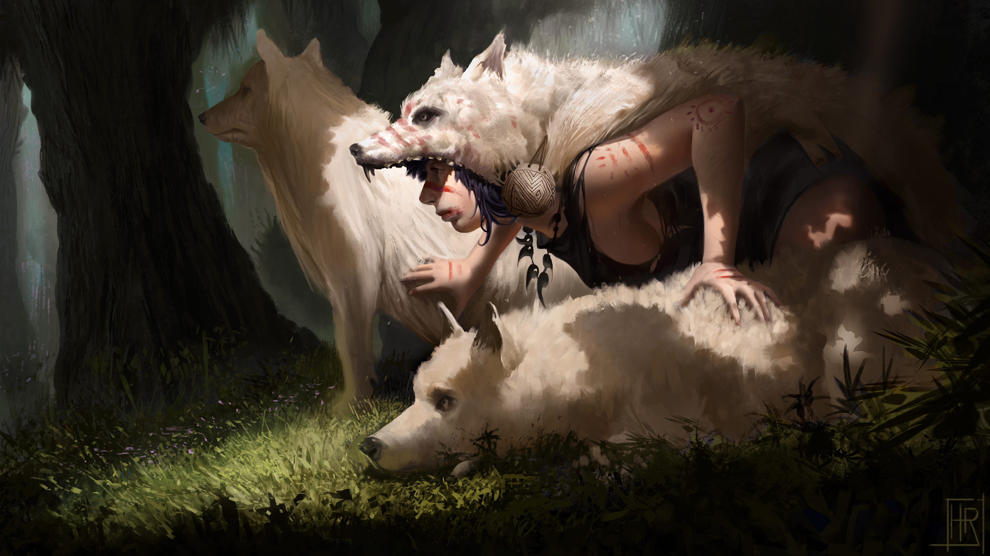 anime girl with wolves